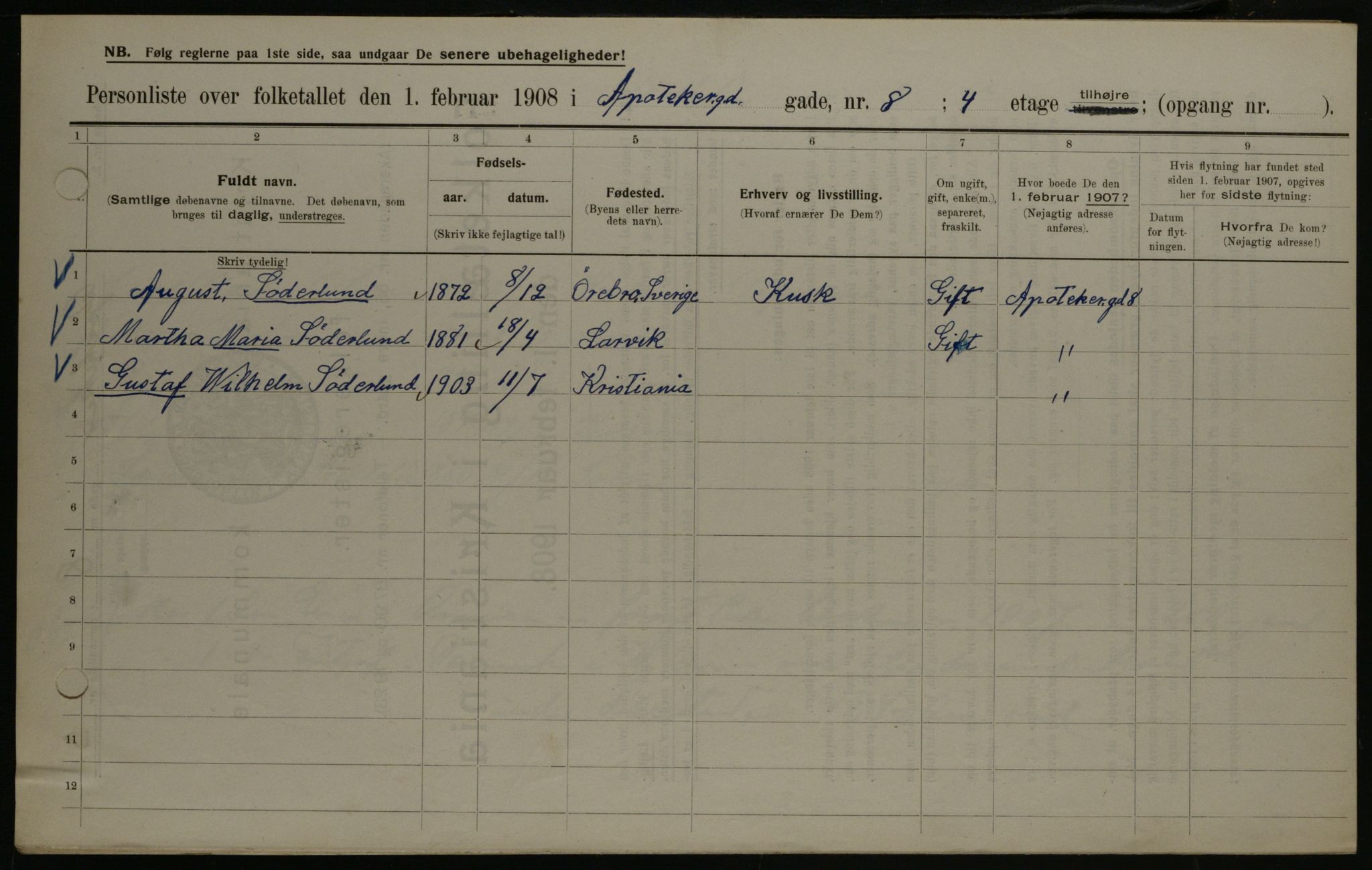 OBA, Kommunal folketelling 1.2.1908 for Kristiania kjøpstad, 1908, s. 1618