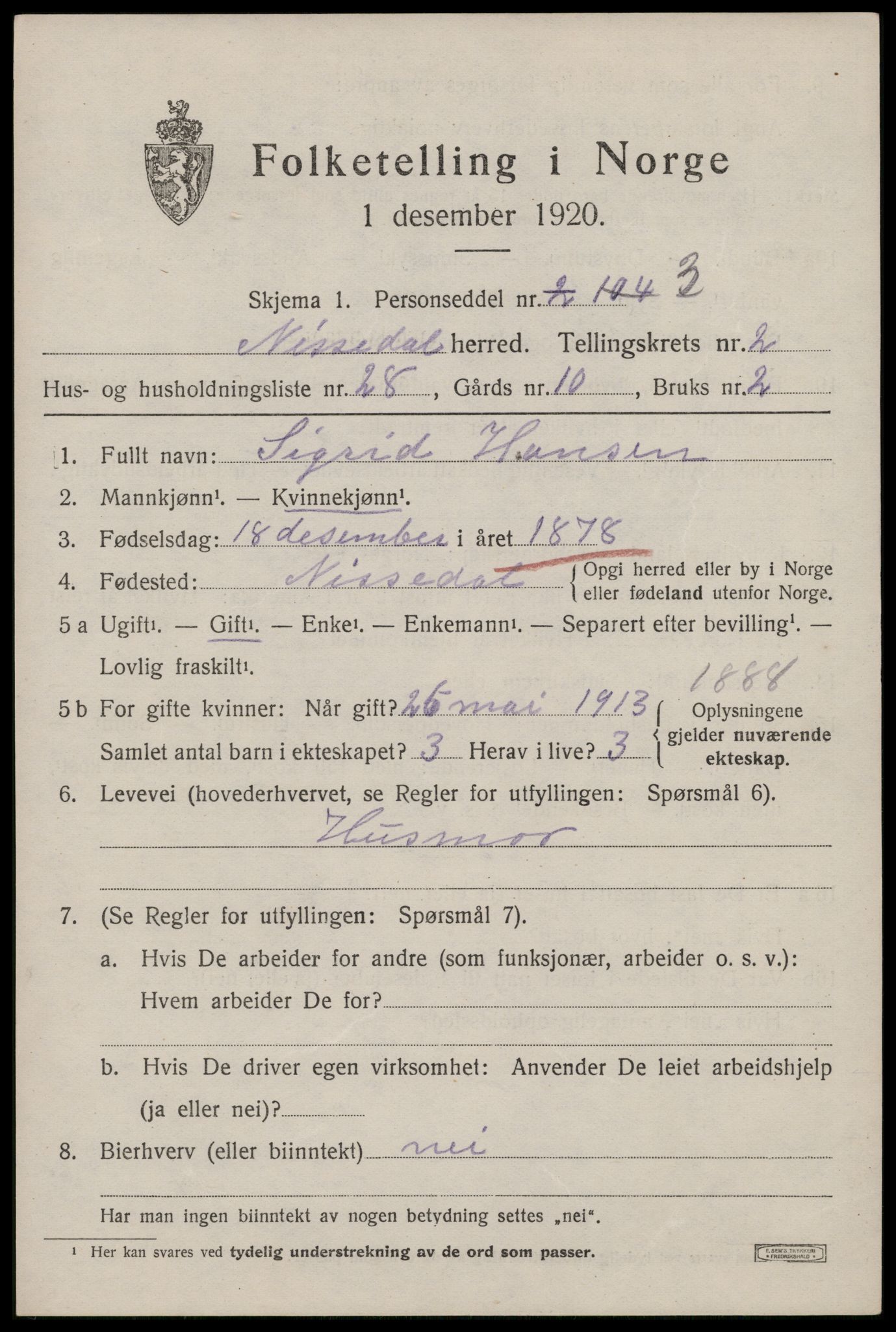 SAKO, Folketelling 1920 for 0830 Nissedal herred, 1920, s. 1493