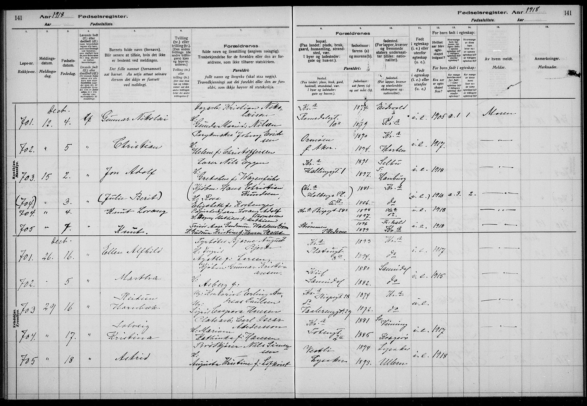 Rikshospitalet prestekontor Kirkebøker, AV/SAO-A-10309b/J/L0003: Fødselsregister nr. 3, 1918-1918, s. 141