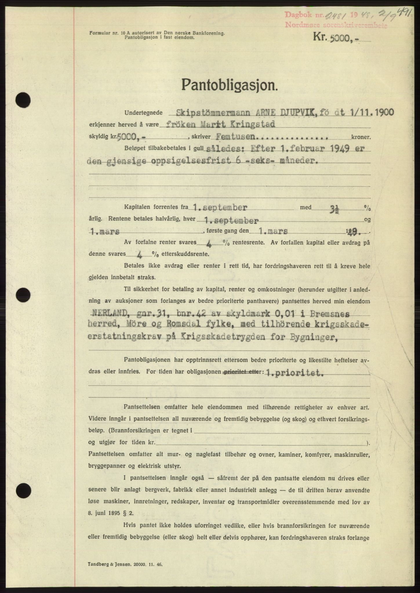 Nordmøre sorenskriveri, SAT/A-4132/1/2/2Ca: Pantebok nr. B99, 1948-1948, Dagboknr: 2481/1948