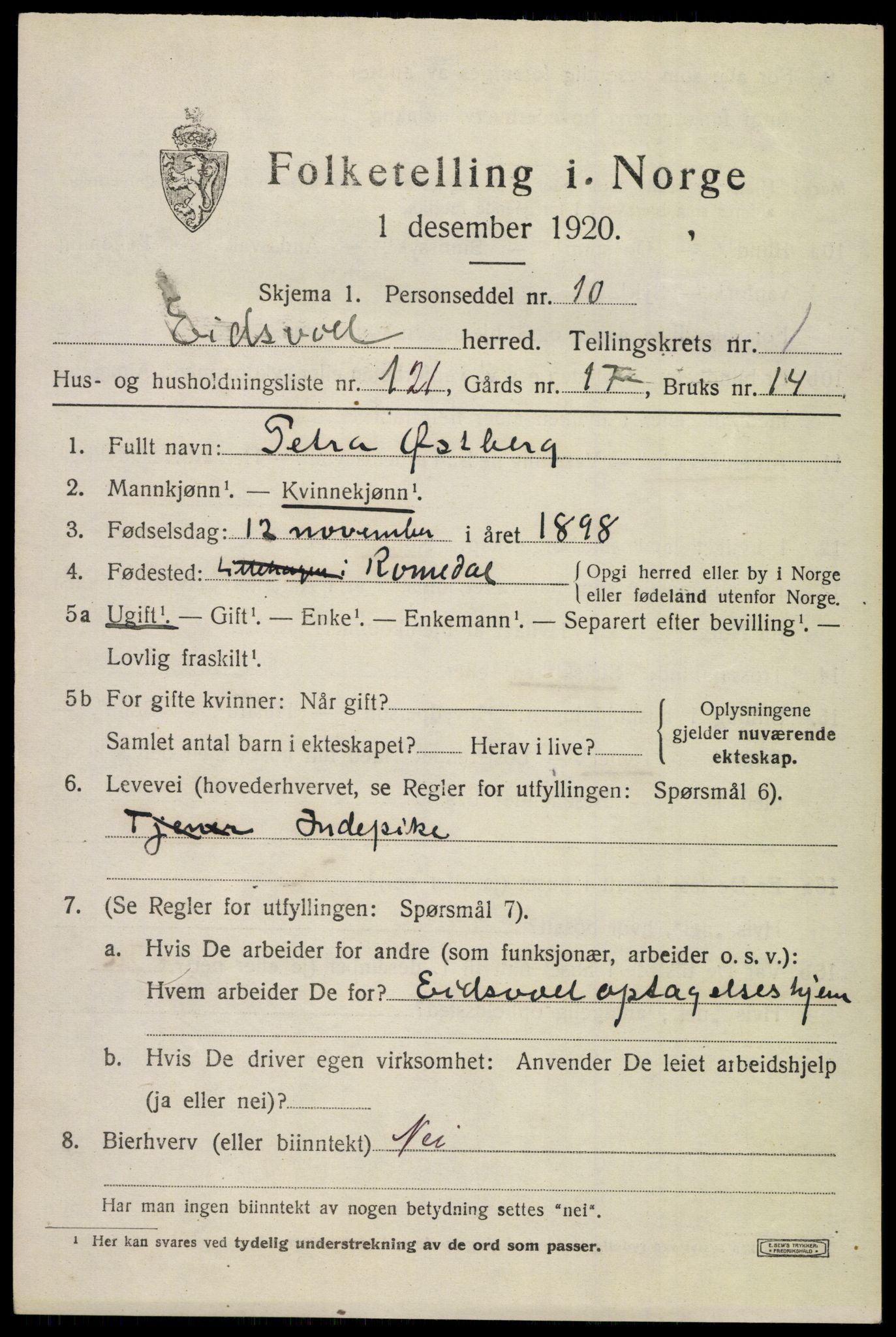 SAO, Folketelling 1920 for 0237 Eidsvoll herred, 1920, s. 5099