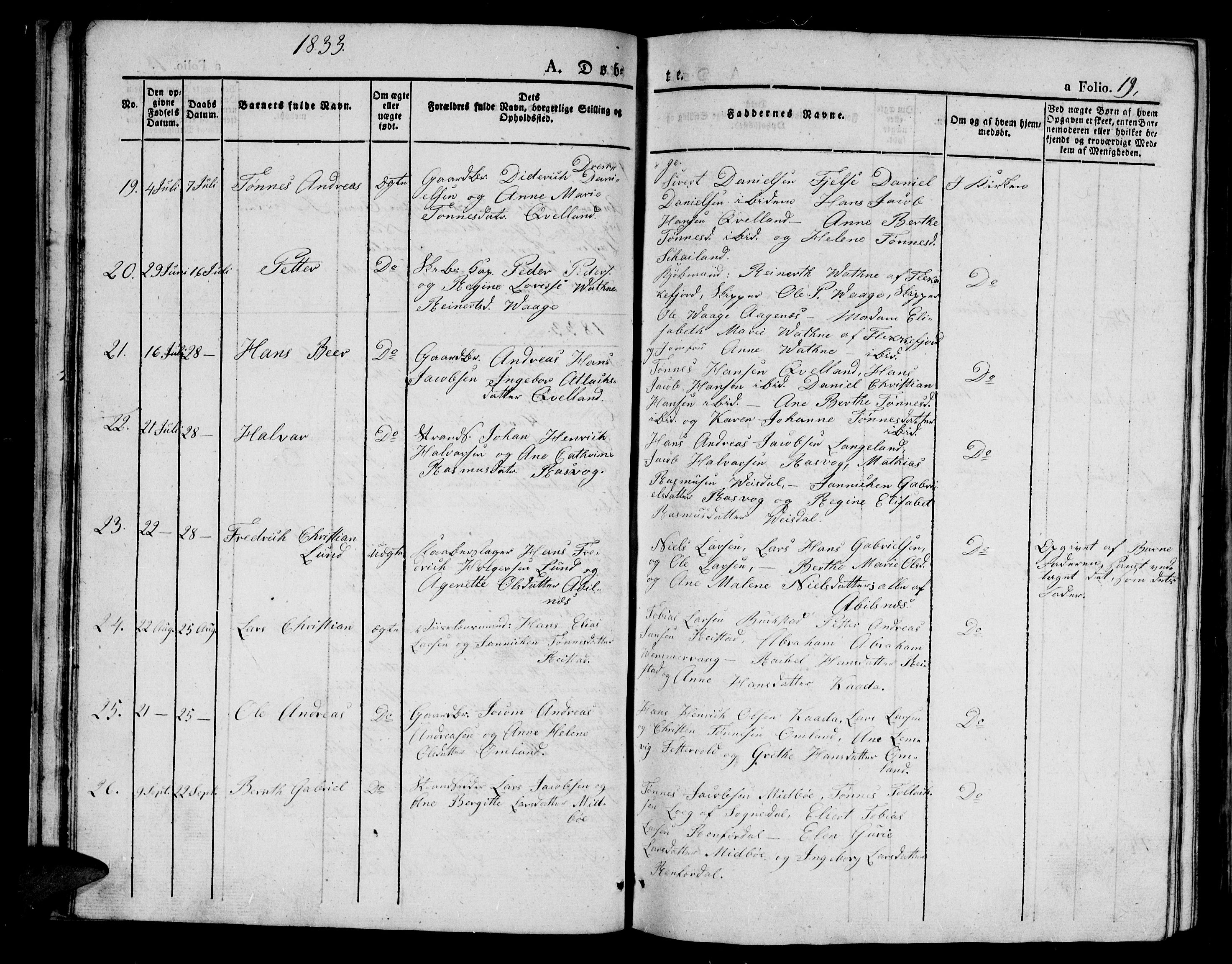 Flekkefjord sokneprestkontor, AV/SAK-1111-0012/F/Fb/Fbb/L0002: Klokkerbok nr. B 2a, 1831-1866, s. 19