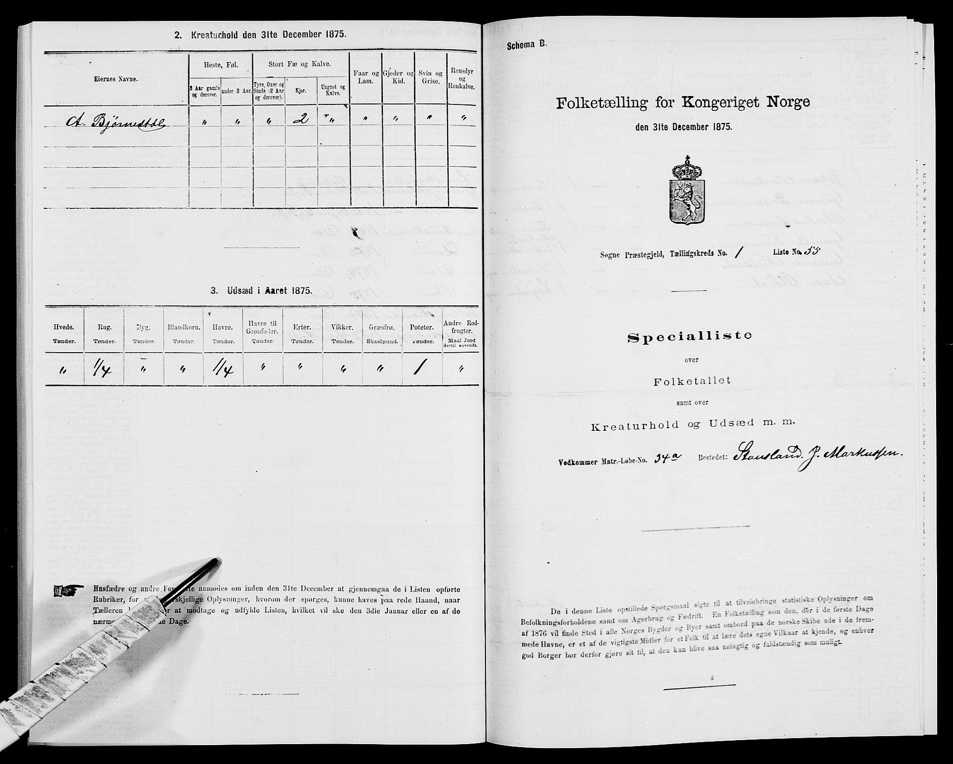 SAK, Folketelling 1875 for 1018P Søgne prestegjeld, 1875, s. 190