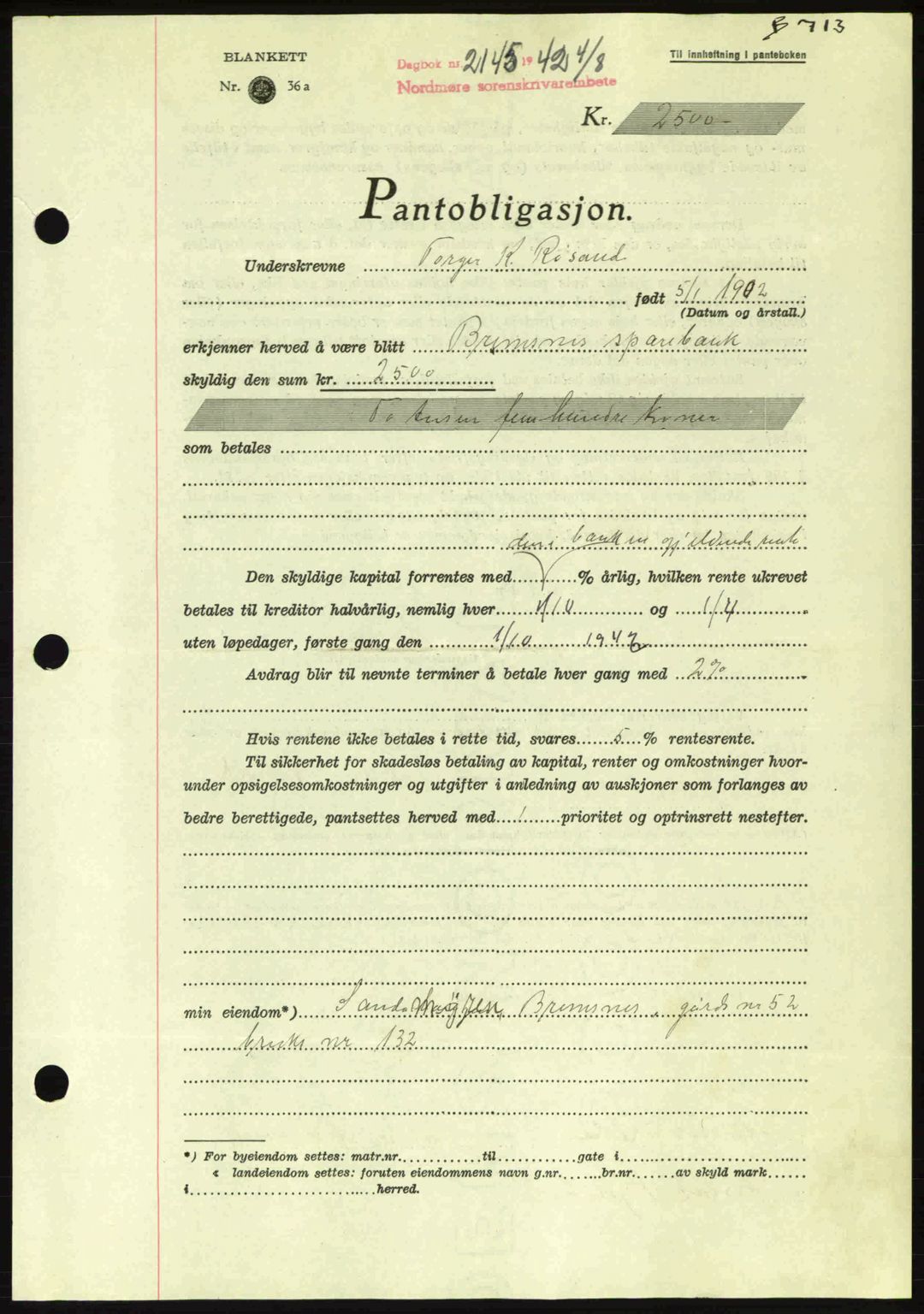 Nordmøre sorenskriveri, AV/SAT-A-4132/1/2/2Ca: Pantebok nr. B89, 1942-1942, Dagboknr: 2145/1942