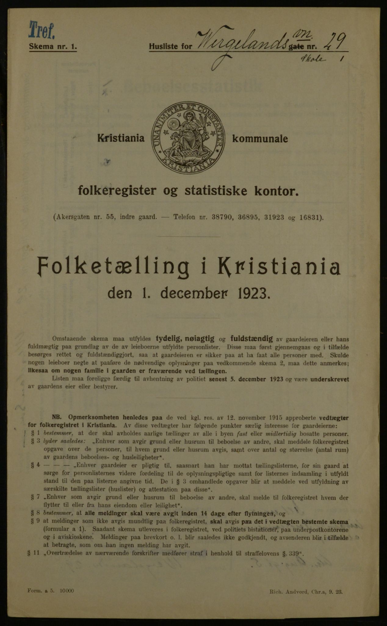 OBA, Kommunal folketelling 1.12.1923 for Kristiania, 1923, s. 141153