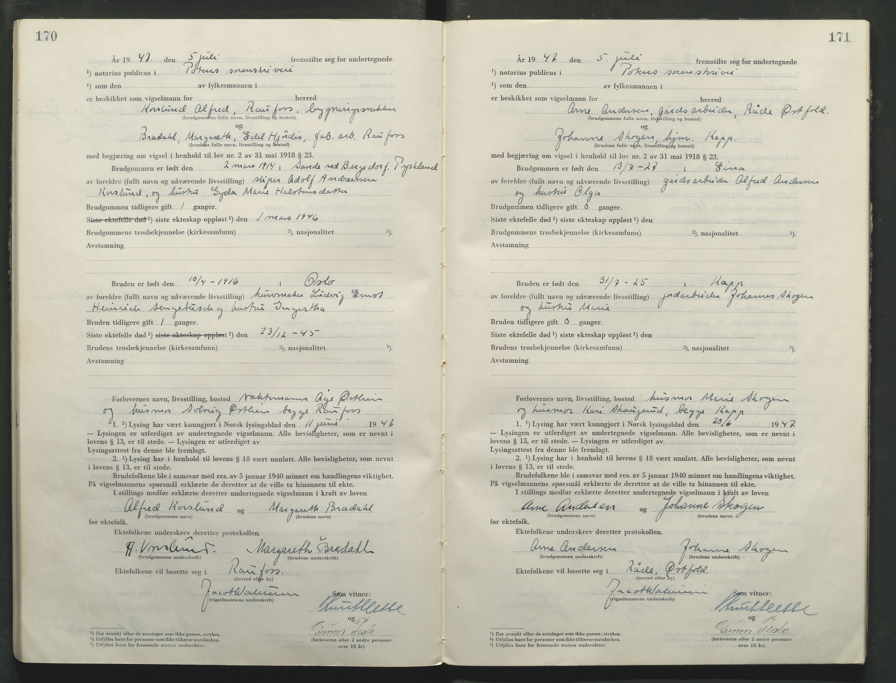 Toten tingrett, AV/SAH-TING-006/L/Lc/L0005: Vigselbok, 1944-1948, s. 170-171