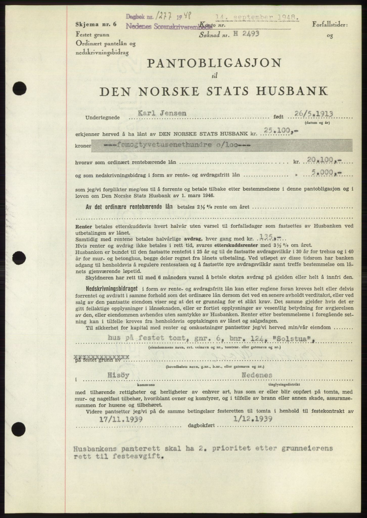 Nedenes sorenskriveri, AV/SAK-1221-0006/G/Gb/Gbb/L0005: Pantebok nr. B5, 1948-1948, Dagboknr: 1277/1948
