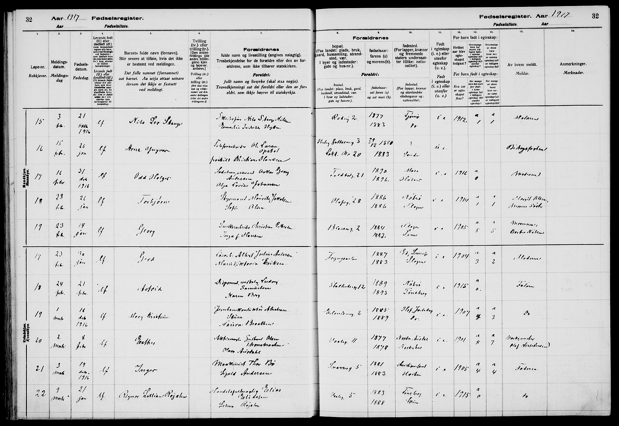 Tønsberg kirkebøker, AV/SAKO-A-330/J/Ja/L0001: Fødselsregister nr. 1, 1916-1922, s. 32