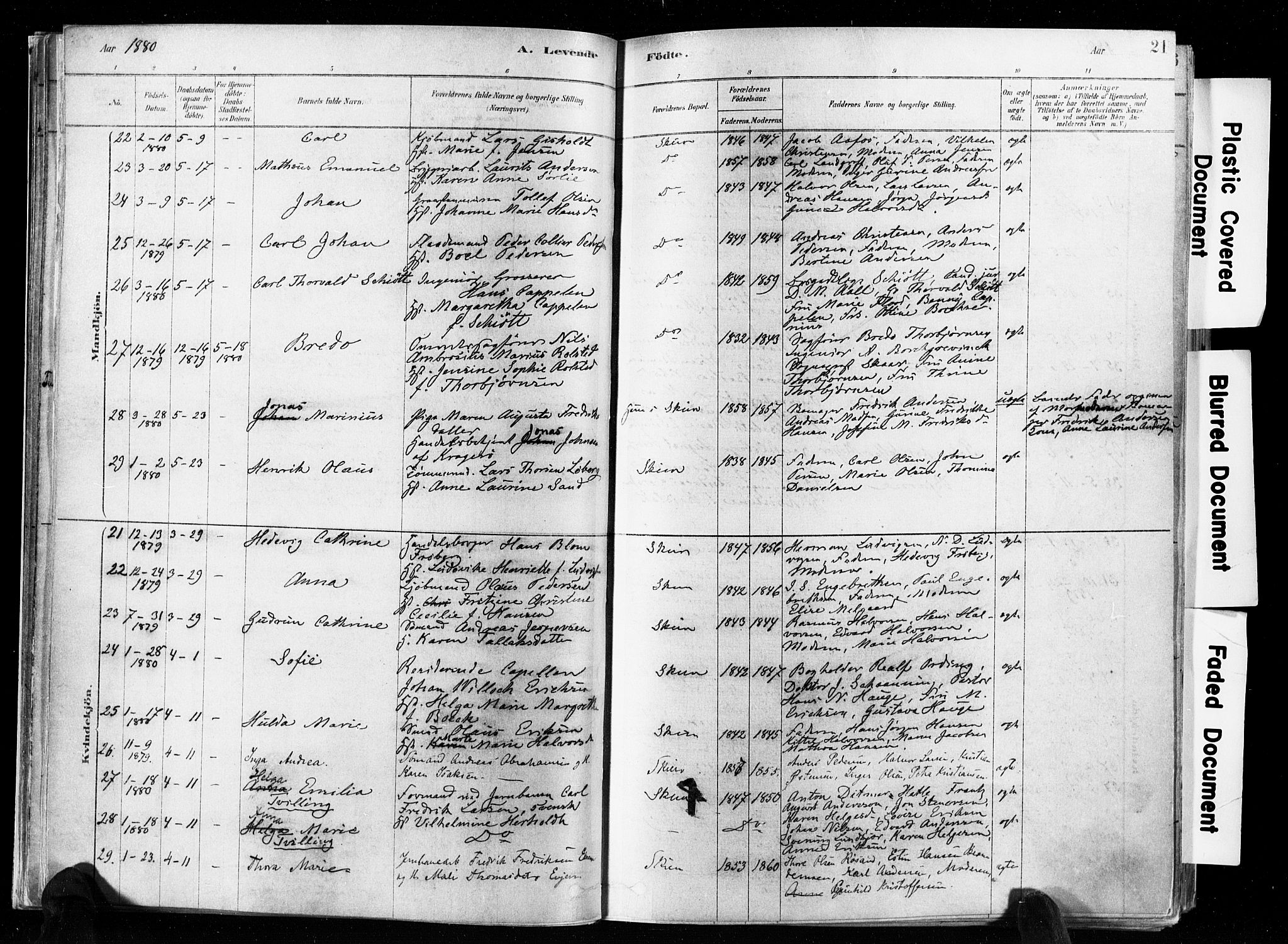 Skien kirkebøker, AV/SAKO-A-302/F/Fa/L0009: Ministerialbok nr. 9, 1878-1890, s. 21