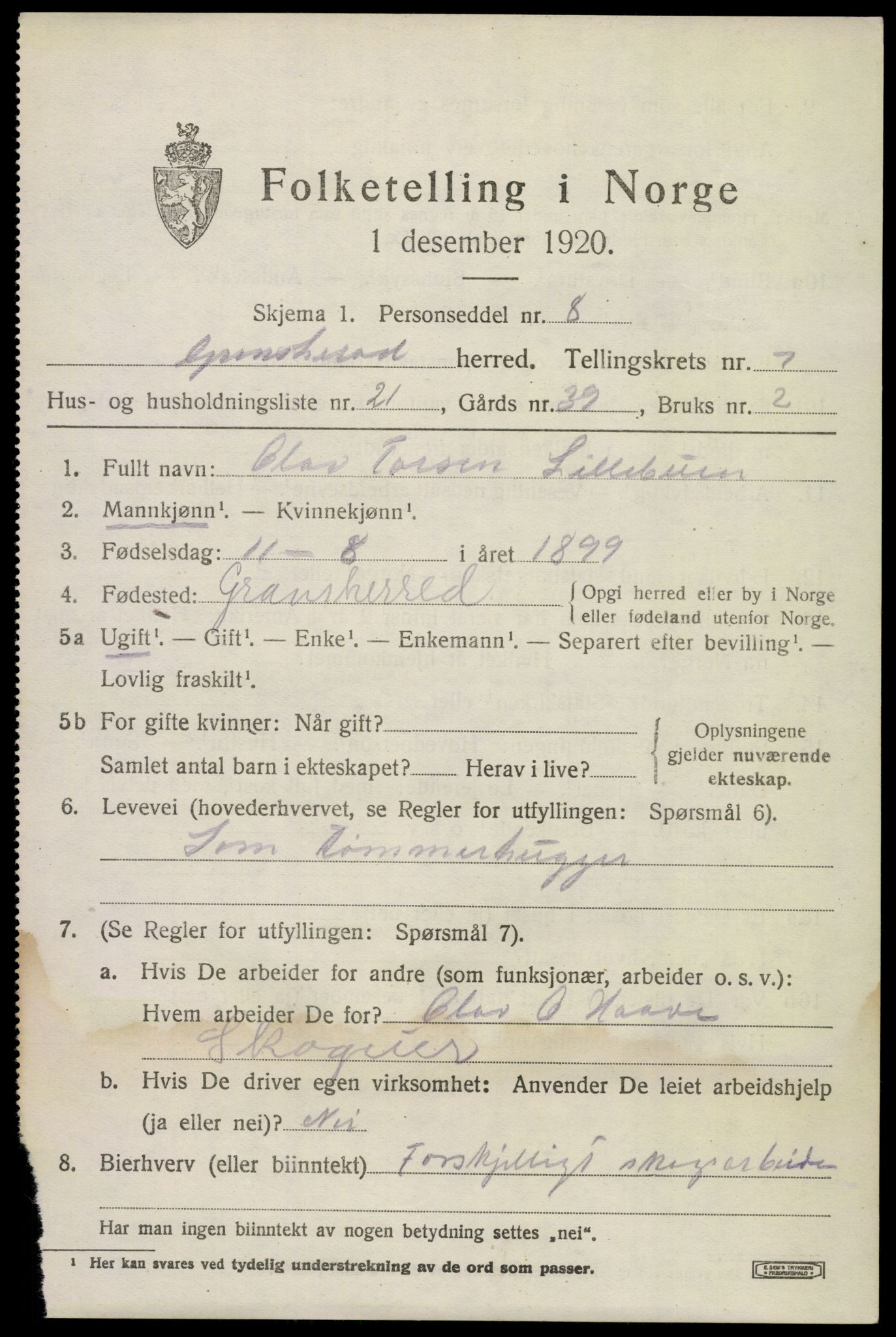 SAKO, Folketelling 1920 for 0824 Gransherad herred, 1920, s. 3128