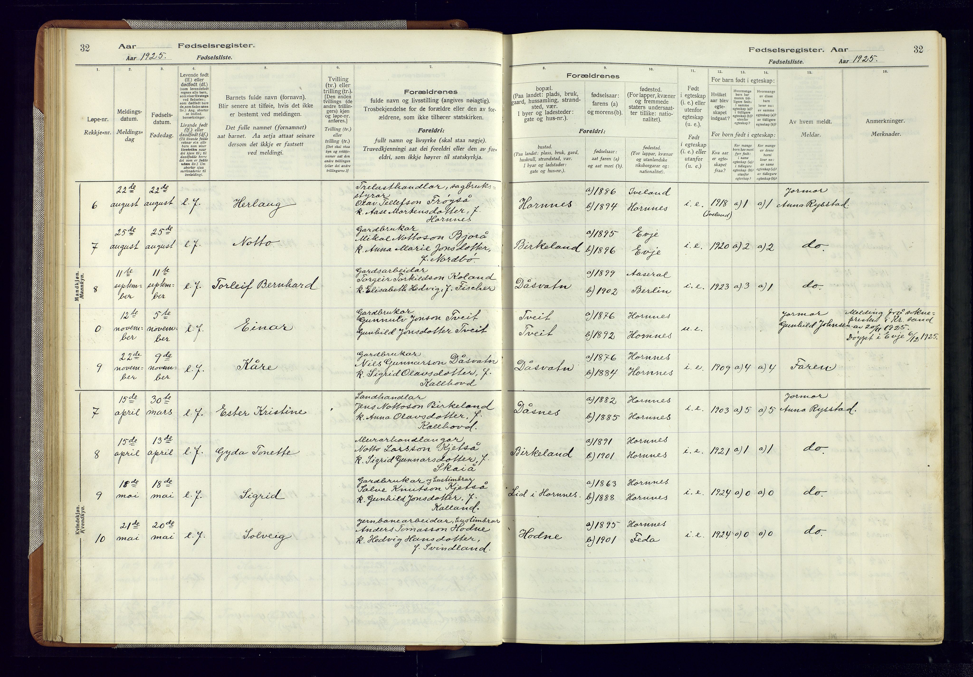 Evje sokneprestkontor, AV/SAK-1111-0008/J/Jc/L0006: Fødselsregister nr. 6, 1916-1982, s. 32