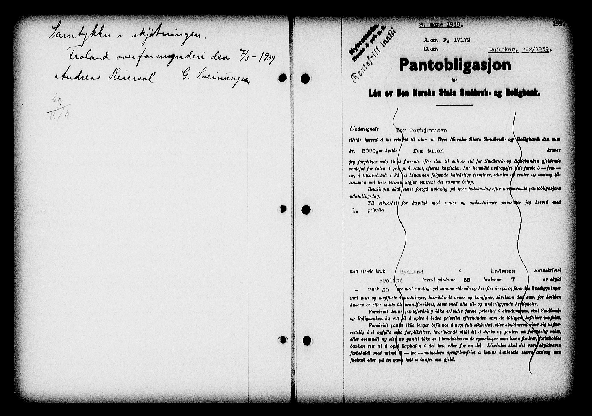 Nedenes sorenskriveri, AV/SAK-1221-0006/G/Gb/Gba/L0046: Pantebok nr. 42, 1938-1939, Dagboknr: 222/1939