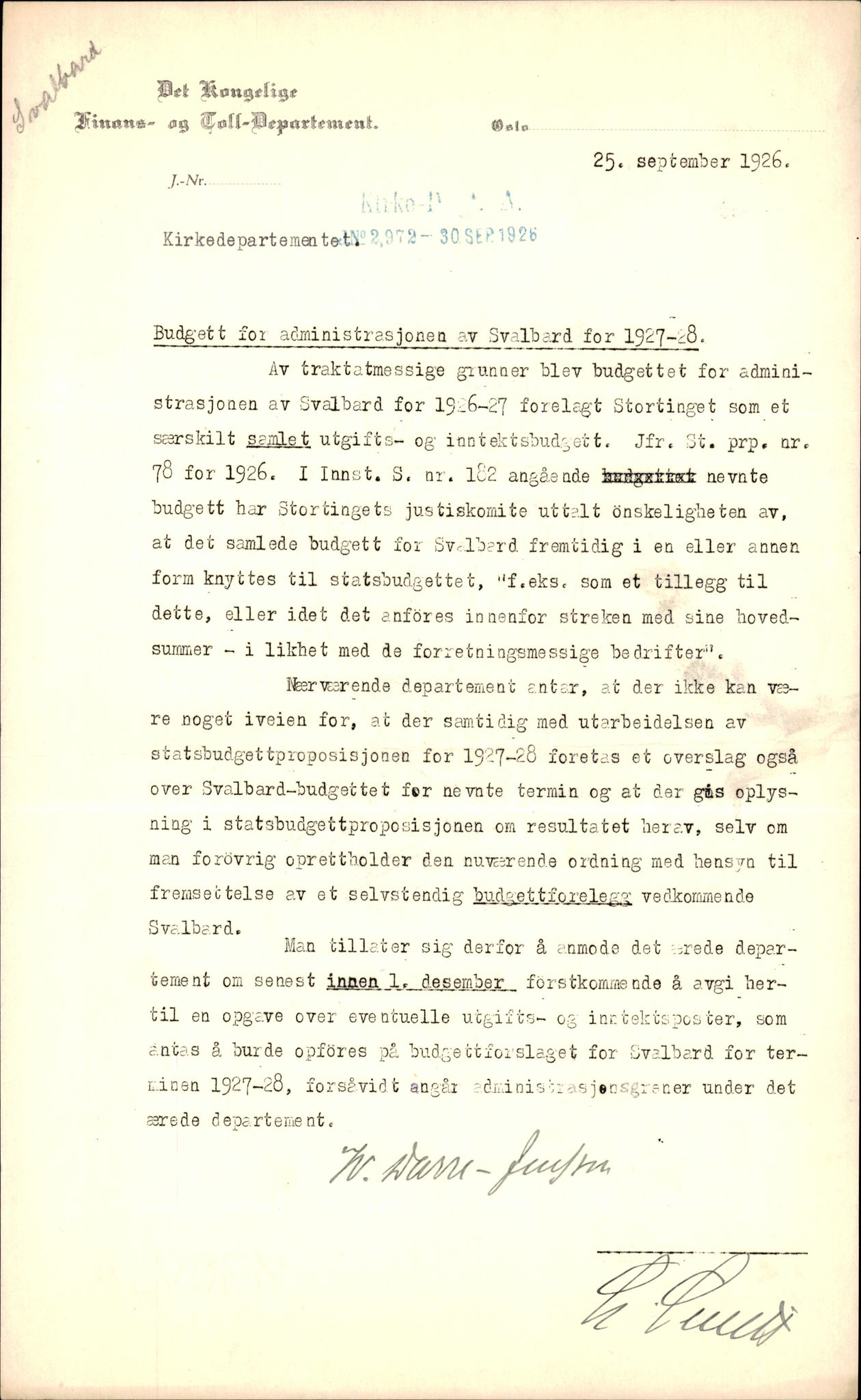 Kirke- og undervisningsdepartementet, Kontoret  for kirke og geistlighet A, AV/RA-S-1007/F/Fa/L0334/0001: -- / Svalbard, 1907-1936, s. 5