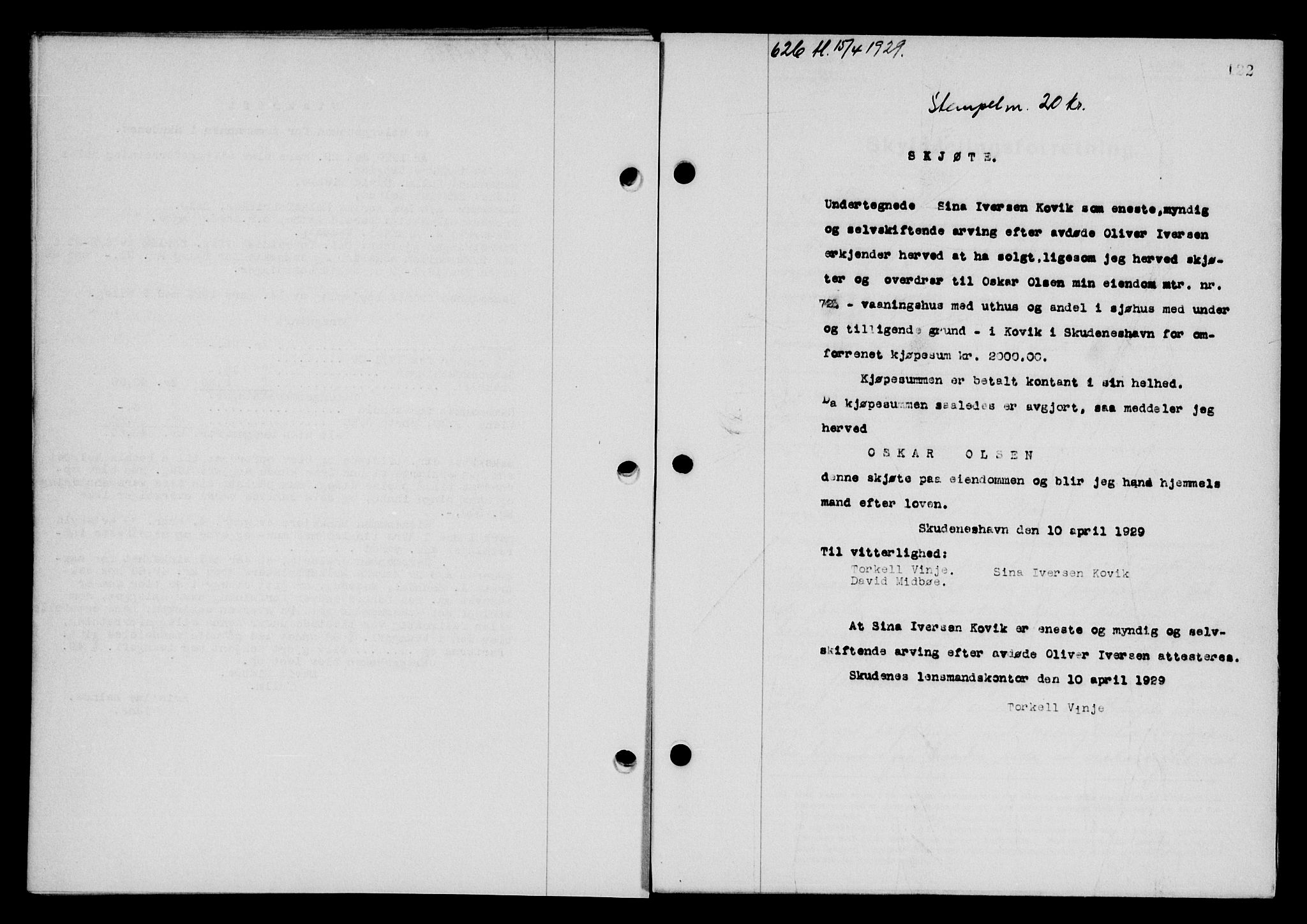 Karmsund sorenskriveri, SAST/A-100311/01/II/IIB/L0055: Pantebok nr. 36, 1929-1929, Tingl.dato: 15.04.1929