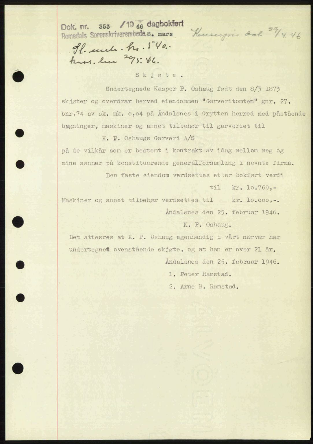 Romsdal sorenskriveri, SAT/A-4149/1/2/2C: Pantebok nr. A19, 1946-1946, Dagboknr: 353/1946