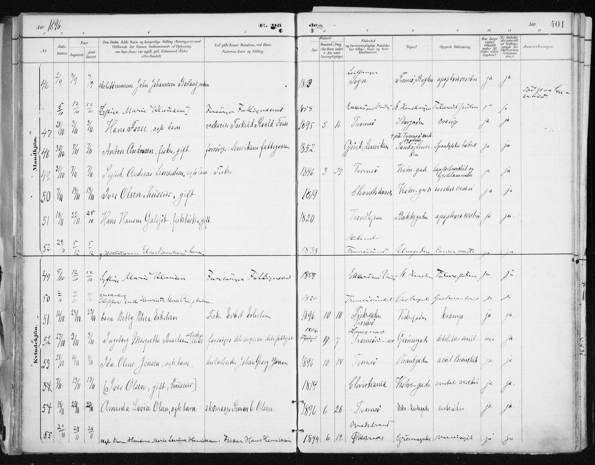 Tromsø sokneprestkontor/stiftsprosti/domprosti, AV/SATØ-S-1343/G/Ga/L0015kirke: Ministerialbok nr. 15, 1889-1899, s. 401