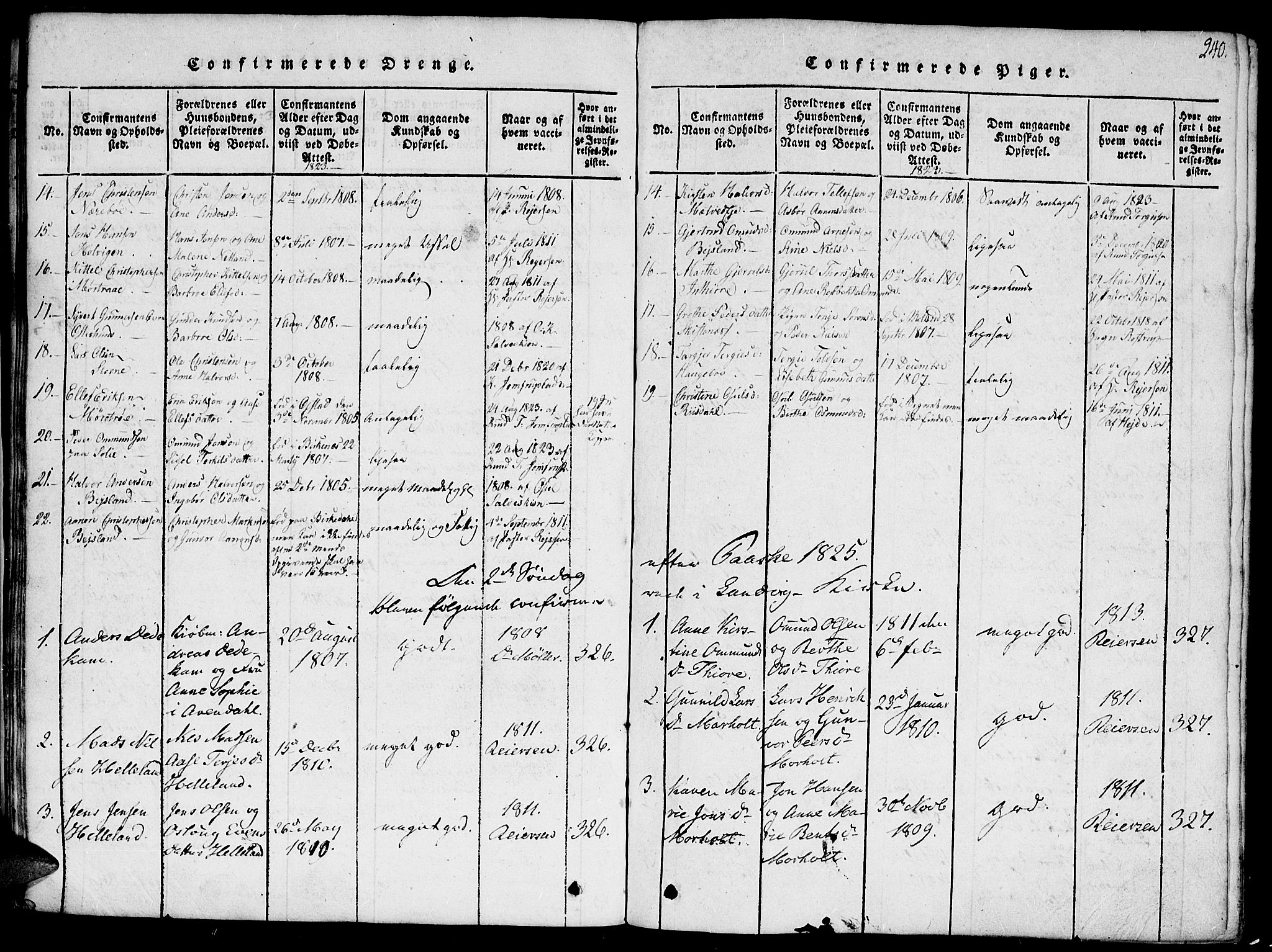 Hommedal sokneprestkontor, AV/SAK-1111-0023/F/Fa/Fab/L0003: Ministerialbok nr. A 3, 1815-1848, s. 240