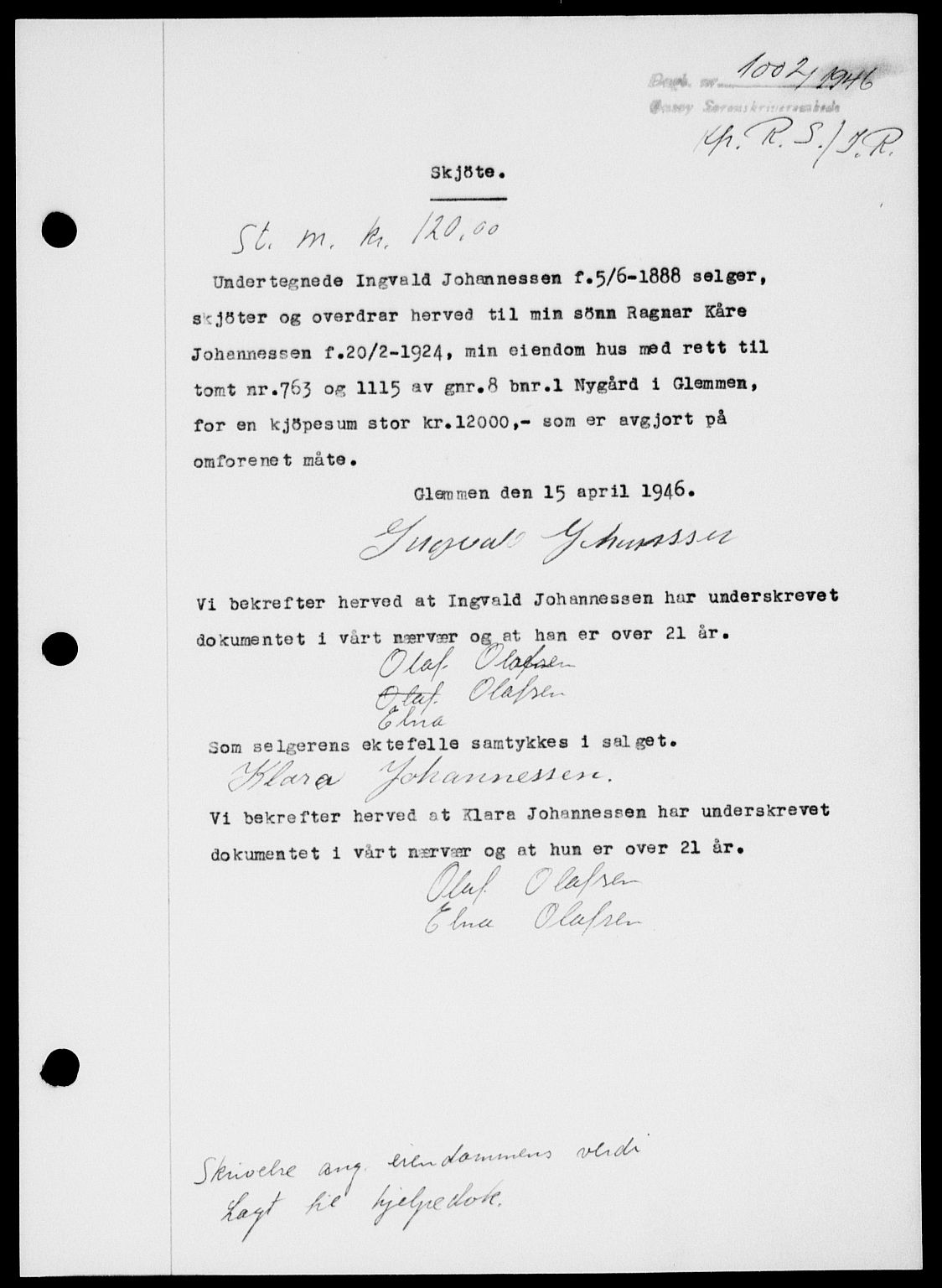 Onsøy sorenskriveri, SAO/A-10474/G/Ga/Gab/L0016: Pantebok nr. II A-16, 1946-1946, Dagboknr: 1002/1946