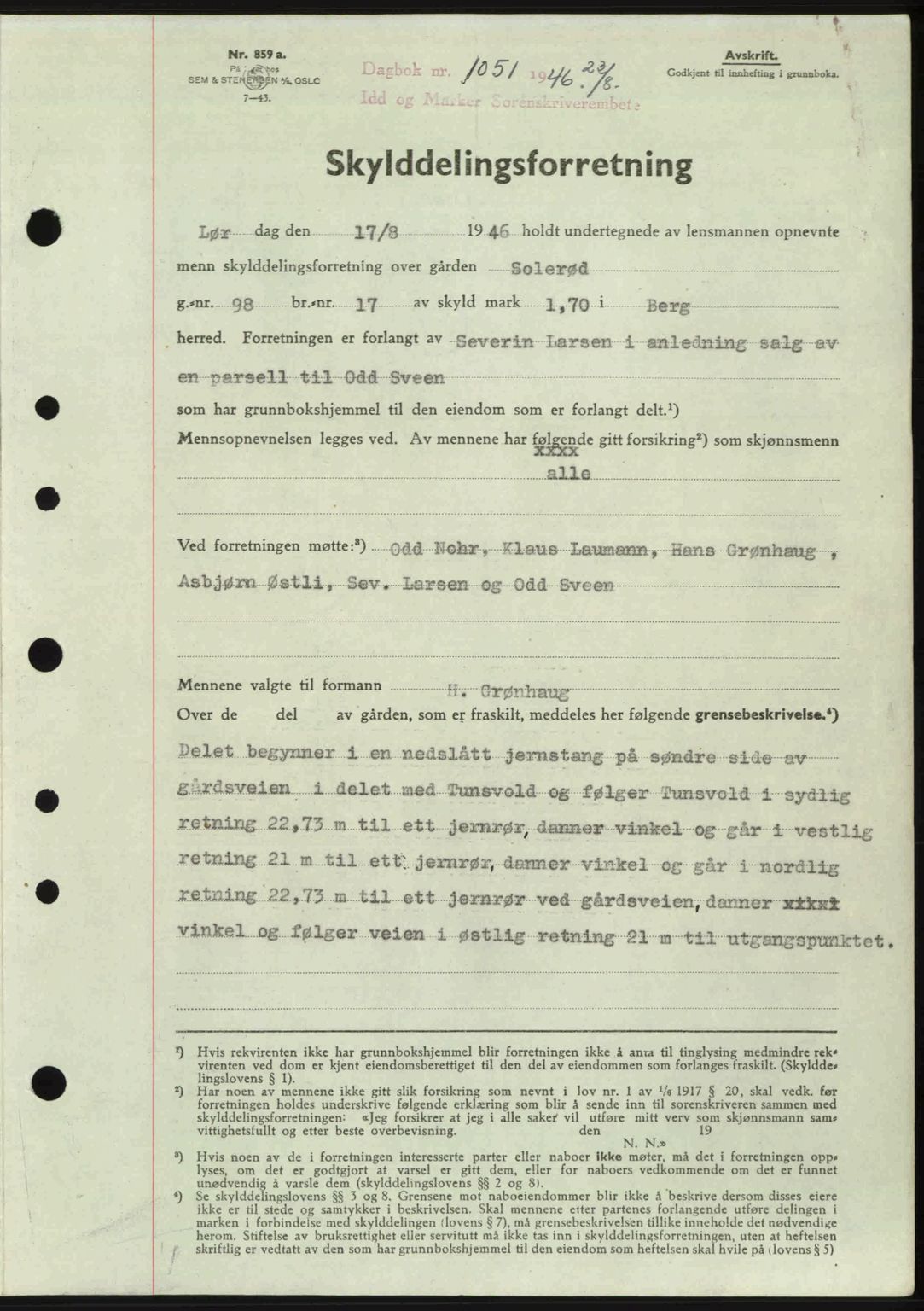 Idd og Marker sorenskriveri, SAO/A-10283/G/Gb/Gbb/L0008: Pantebok nr. A8, 1946-1946, Dagboknr: 1051/1946