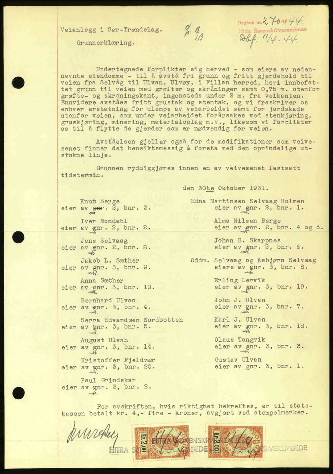 Hitra sorenskriveri, AV/SAT-A-0018/2/2C/2Ca: Pantebok nr. A2, 1943-1945, Dagboknr: 270/1944