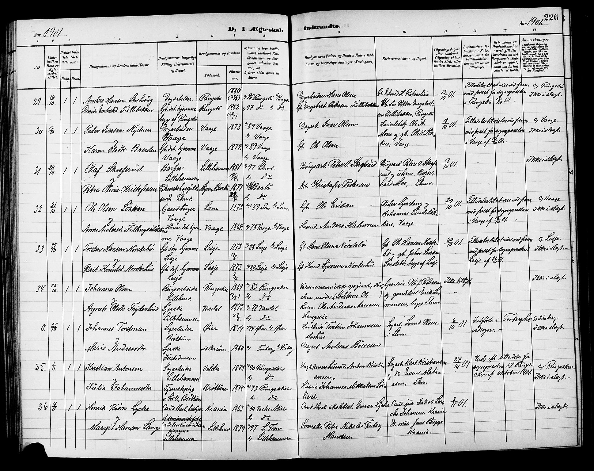 Lillehammer prestekontor, AV/SAH-PREST-088/H/Ha/Hab/L0001: Klokkerbok nr. 1, 1901-1913, s. 226