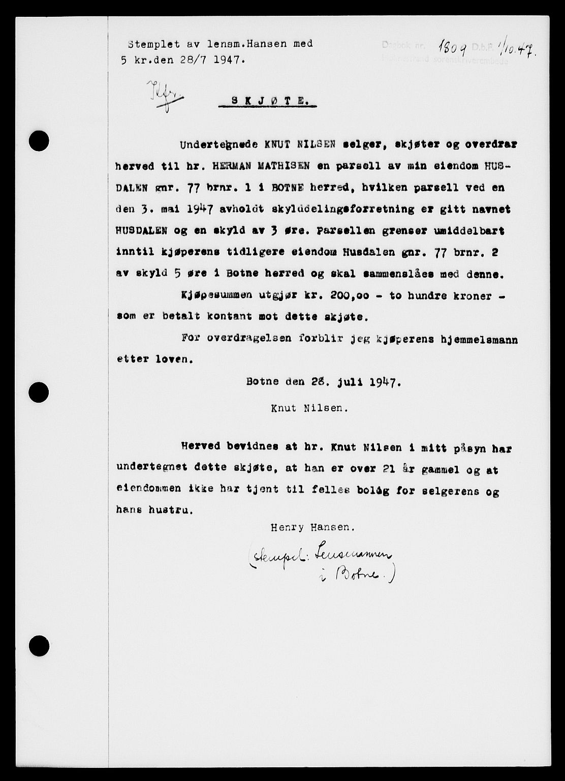 Holmestrand sorenskriveri, SAKO/A-67/G/Ga/Gaa/L0062: Pantebok nr. A-62, 1947-1947, Dagboknr: 1809/1947