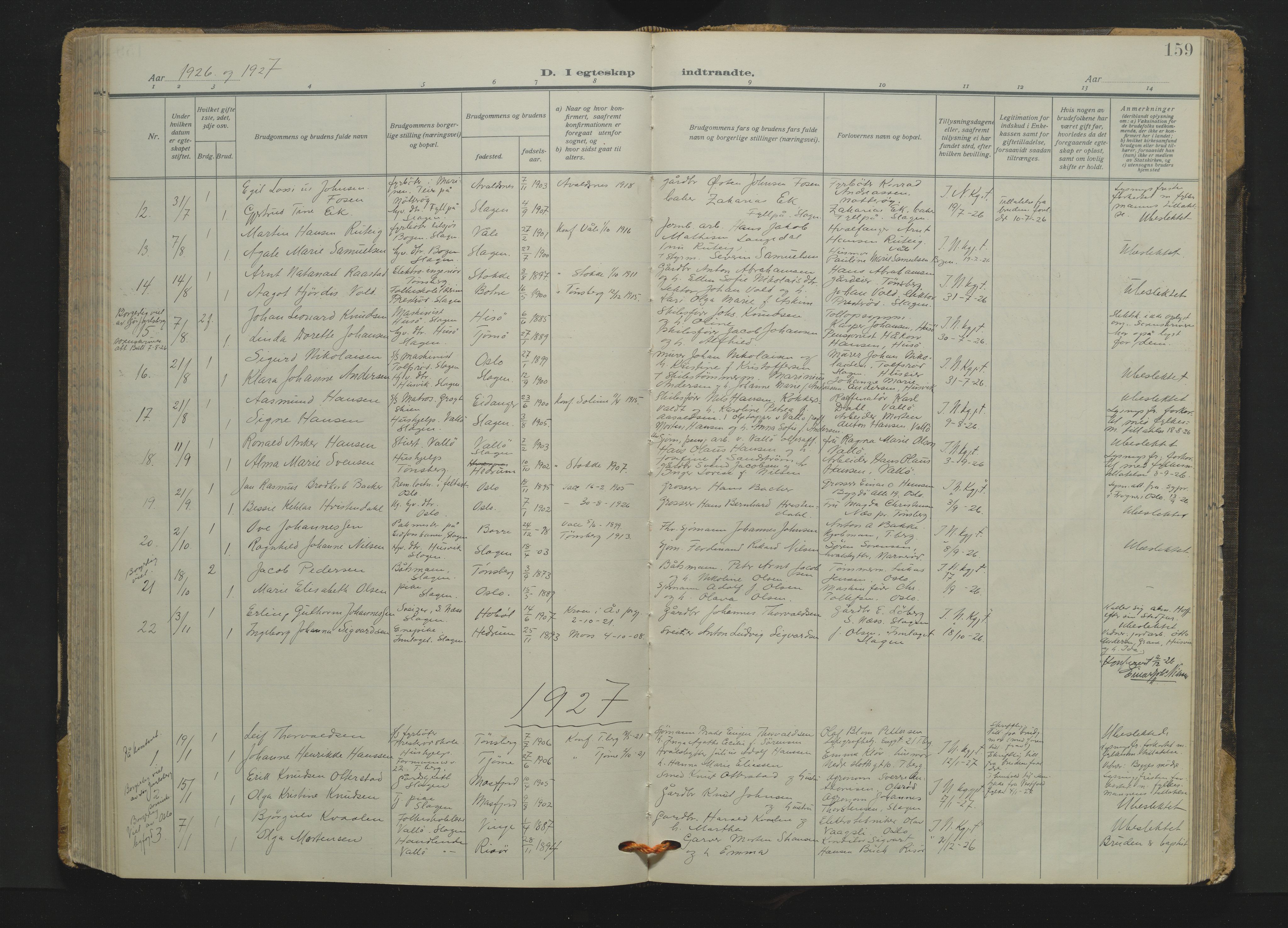 Søndre Slagen kirkebøker, AV/SAKO-A-326/F/Fa/L0001: Ministerialbok nr. 1, 1922-1935, s. 159