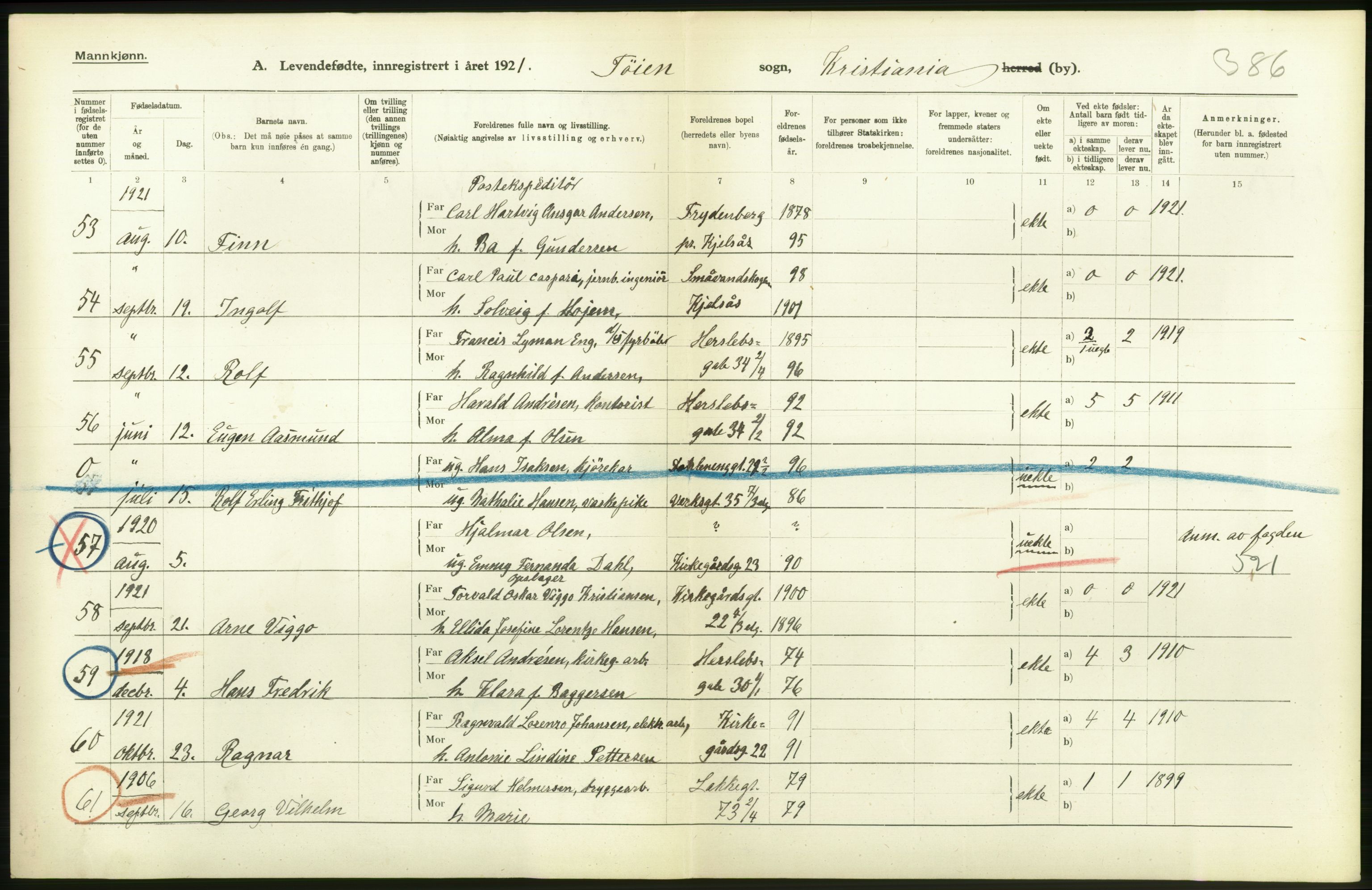 Statistisk sentralbyrå, Sosiodemografiske emner, Befolkning, RA/S-2228/D/Df/Dfc/Dfca/L0009: Kristiania: Levendefødte menn og kvinner., 1921, s. 290