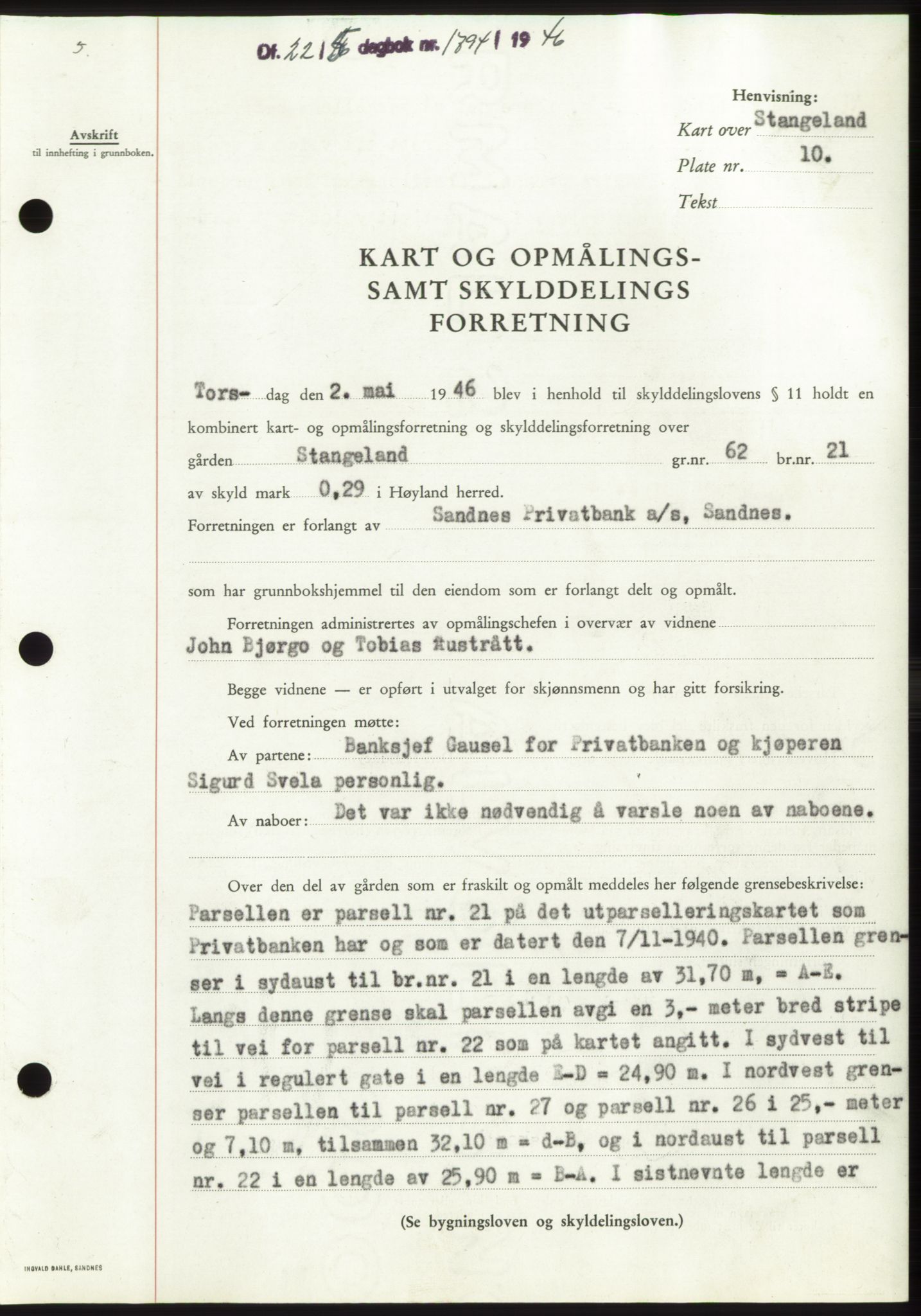 Jæren sorenskriveri, SAST/A-100310/03/G/Gba/L0090: Pantebok, 1946-1946, Dagboknr: 1794/1946