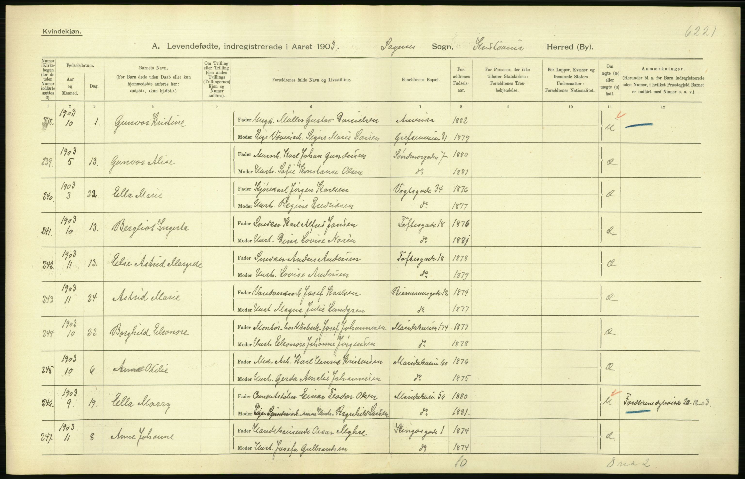 Statistisk sentralbyrå, Sosiodemografiske emner, Befolkning, AV/RA-S-2228/D/Df/Dfa/Dfaa/L0003: Kristiania: Fødte, 1903, s. 138