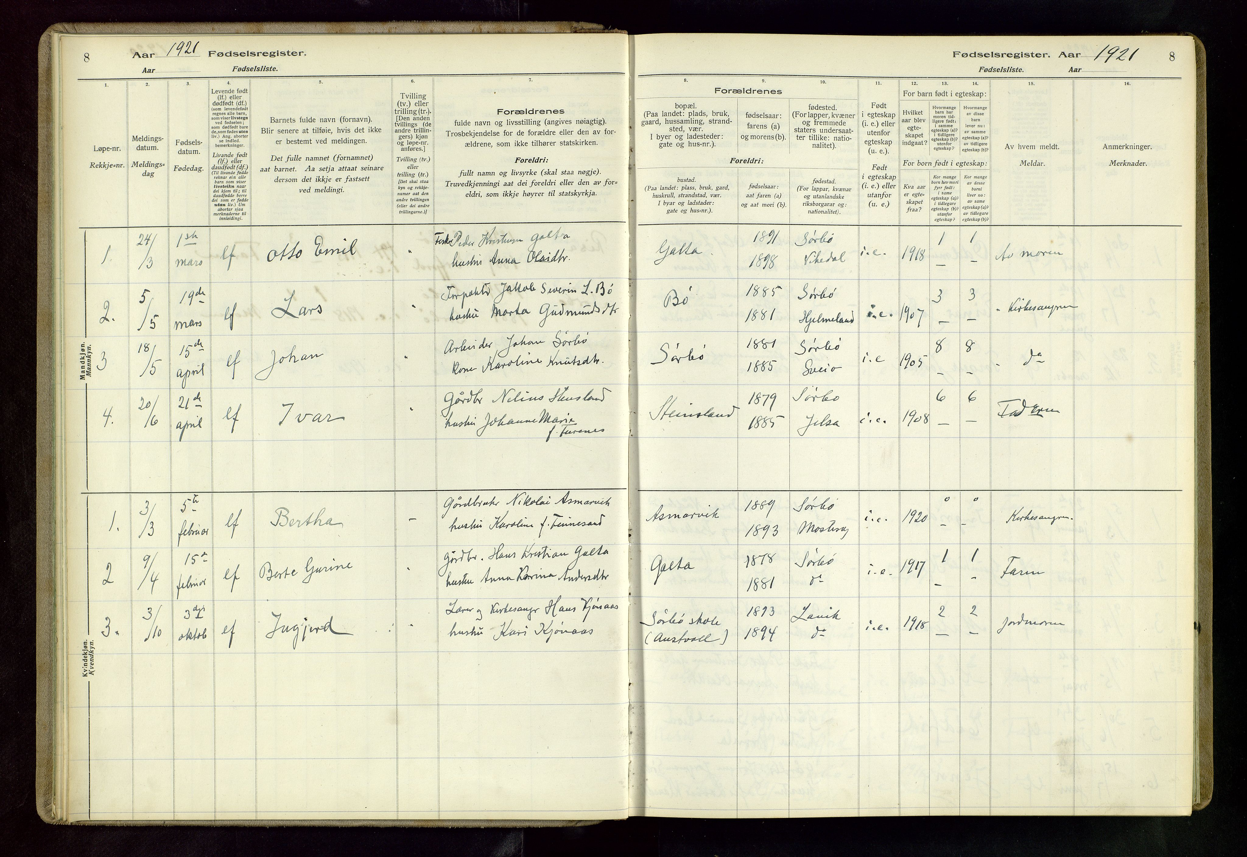 Rennesøy sokneprestkontor, SAST/A -101827/I/Id/L0003: Fødselsregister nr. 3, 1916-1982, s. 8