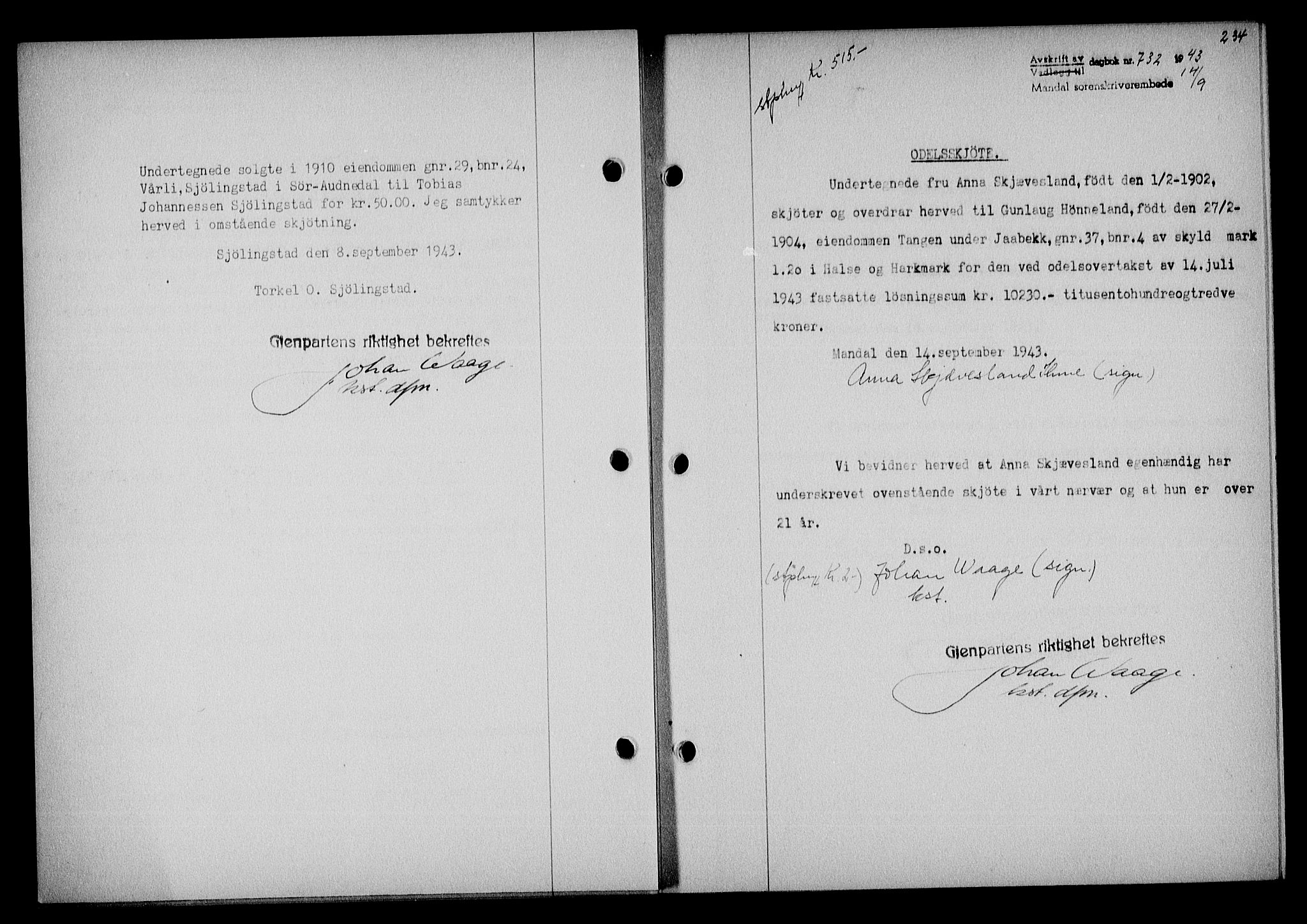 Mandal sorenskriveri, SAK/1221-0005/001/G/Gb/Gba/L0075: Pantebok nr. A-12, 1943-1944, Dagboknr: 732/1943
