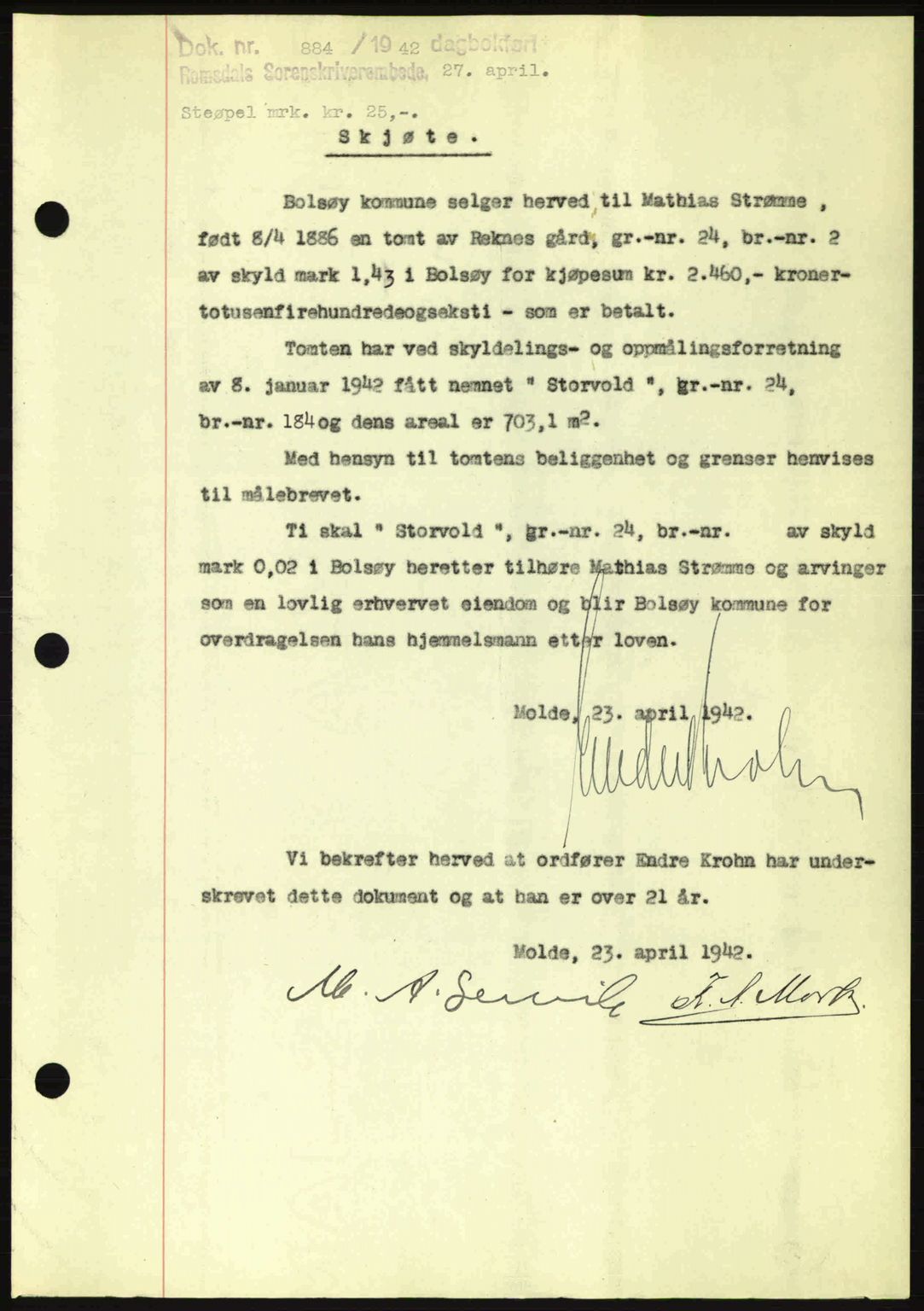 Romsdal sorenskriveri, SAT/A-4149/1/2/2C: Pantebok nr. A12, 1942-1942, Dagboknr: 884/1942