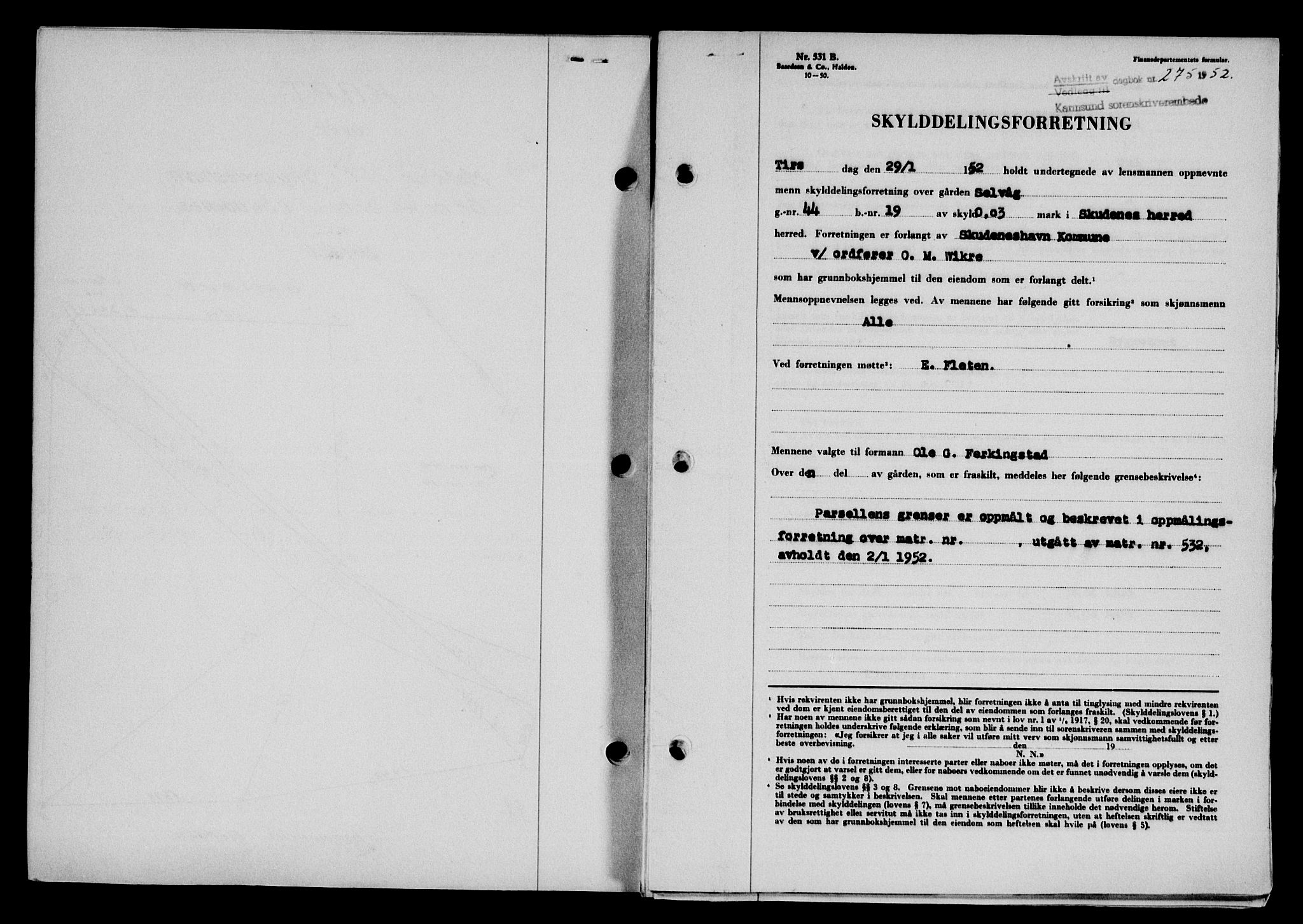 Karmsund sorenskriveri, SAST/A-100311/01/II/IIB/L0104: Pantebok nr. 84A, 1951-1952, Dagboknr: 275/1952