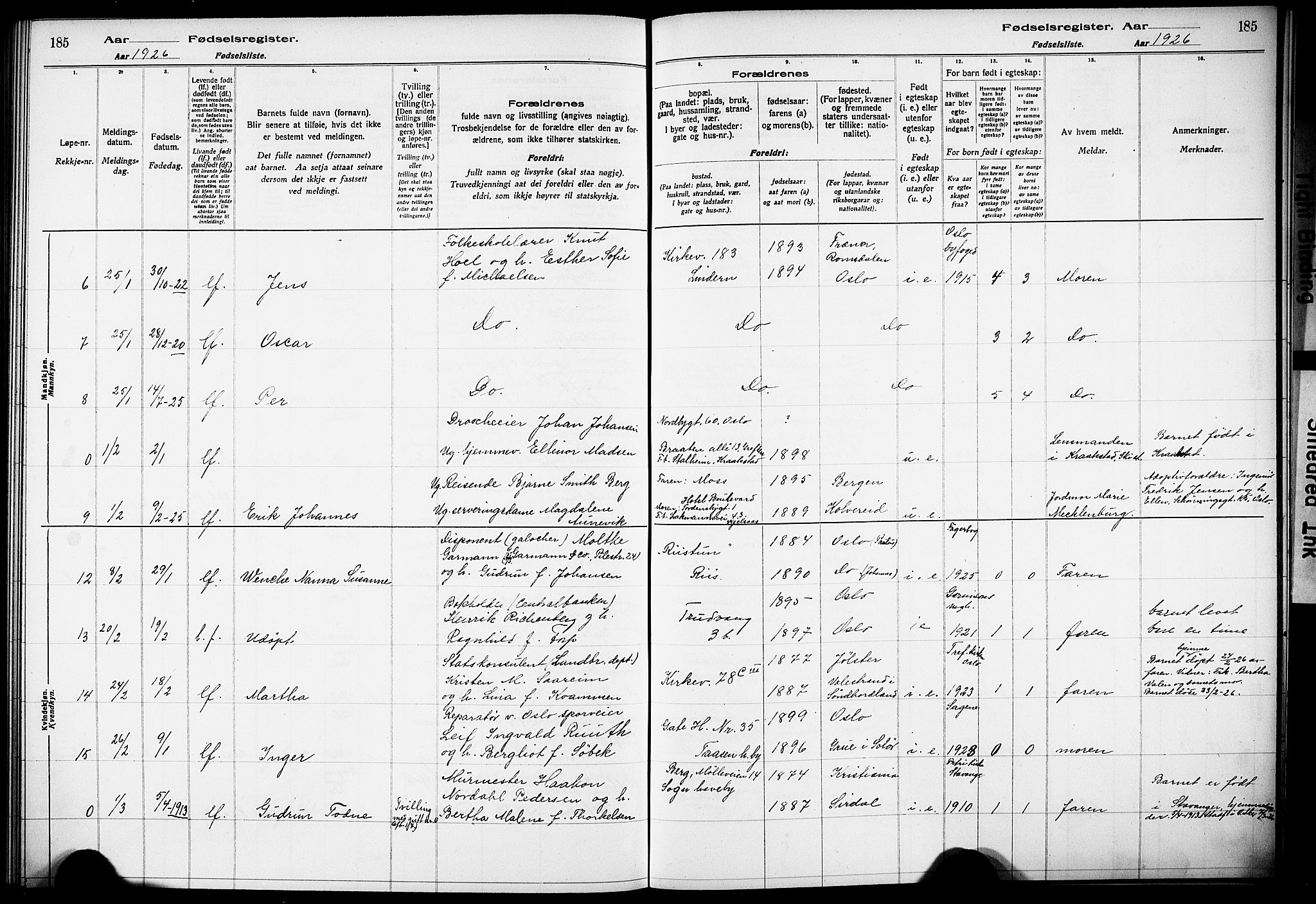 Vestre Aker prestekontor Kirkebøker, AV/SAO-A-10025/J/Ja/L0002: Fødselsregister nr. 2, 1922-1926, s. 185