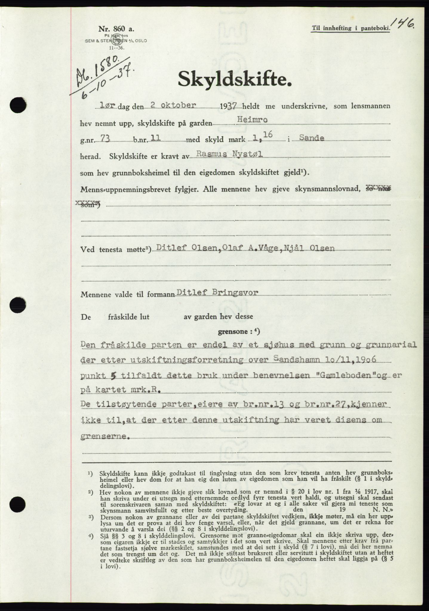 Søre Sunnmøre sorenskriveri, SAT/A-4122/1/2/2C/L0064: Pantebok nr. 58, 1937-1938, Dagboknr: 1580/1937