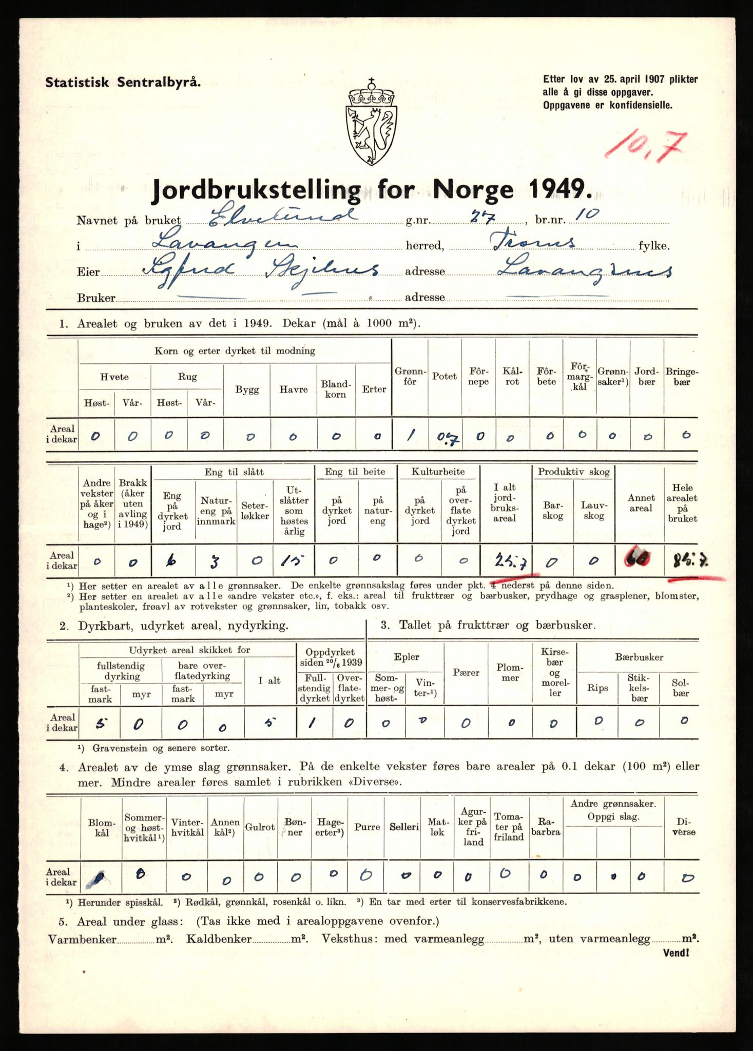 Statistisk sentralbyrå, Næringsøkonomiske emner, Jordbruk, skogbruk, jakt, fiske og fangst, AV/RA-S-2234/G/Gc/L0437: Troms: Gratangen og Lavangen, 1949, s. 359