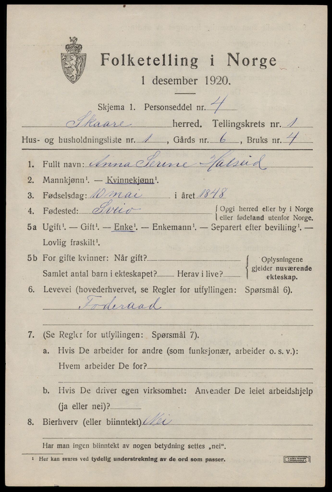 SAST, Folketelling 1920 for 1153 Skåre herred, 1920, s. 1096