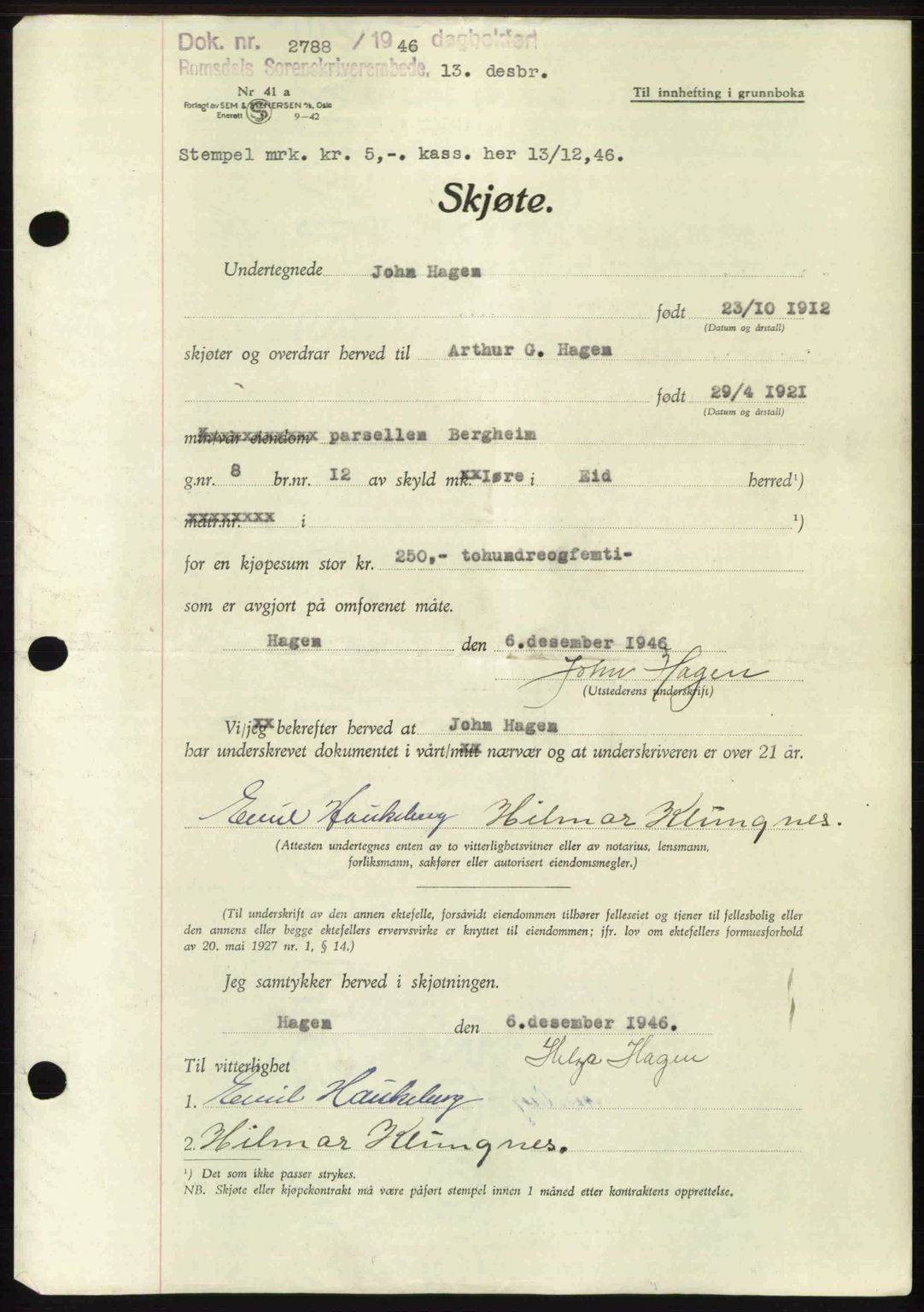 Romsdal sorenskriveri, AV/SAT-A-4149/1/2/2C: Pantebok nr. A21, 1946-1946, Dagboknr: 2788/1946