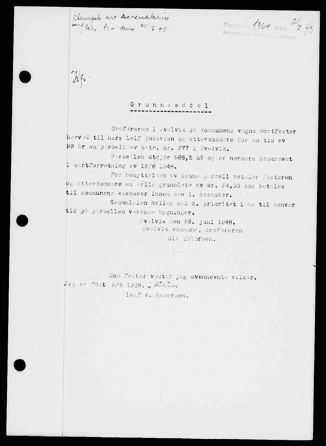 Holmestrand sorenskriveri, SAKO/A-67/G/Ga/Gaa/L0064: Pantebok nr. A-64, 1948-1948, Dagboknr: 1369/1948