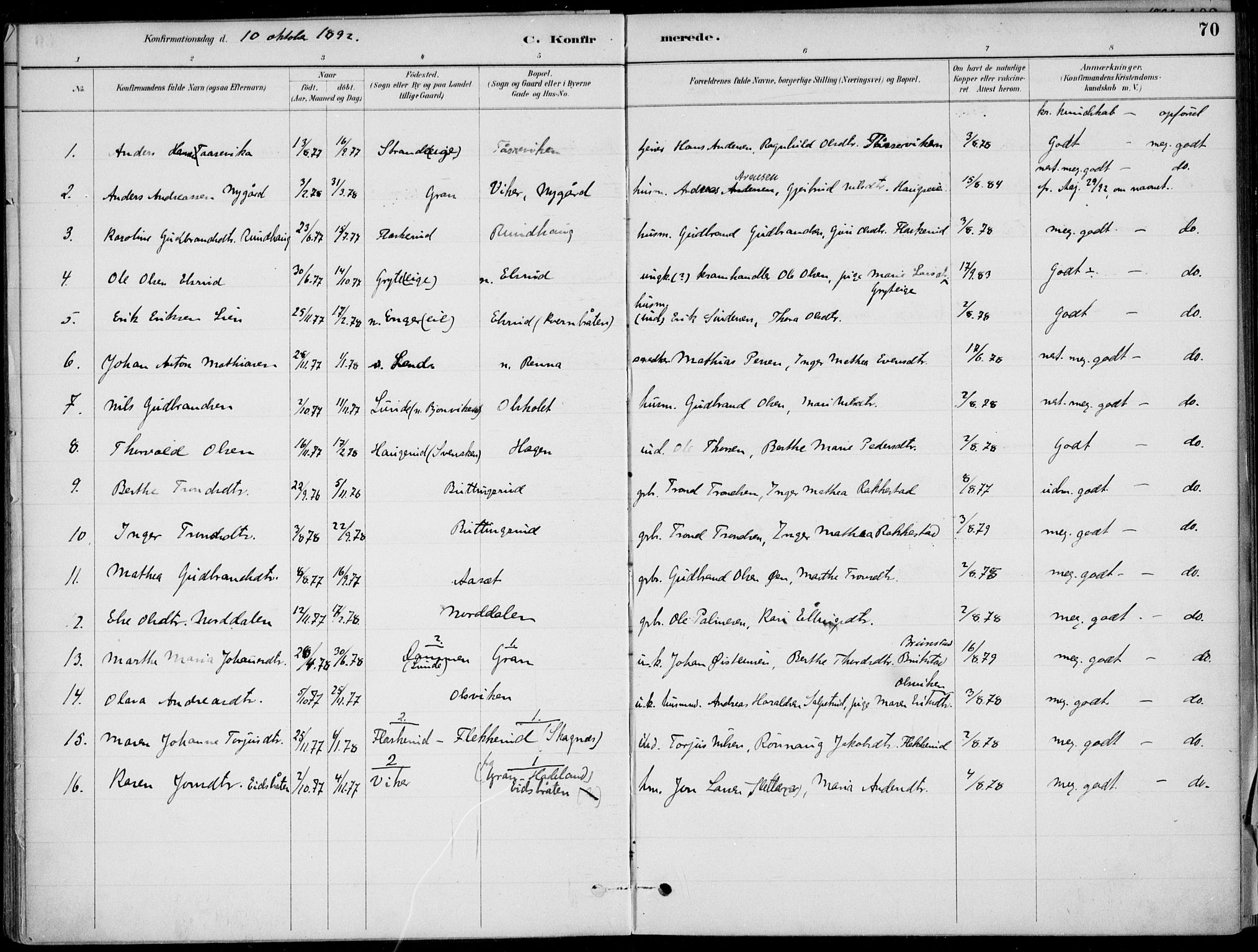 Ådal kirkebøker, AV/SAKO-A-248/F/Fa/L0003: Ministerialbok nr. I 3, 1884-1903, s. 70