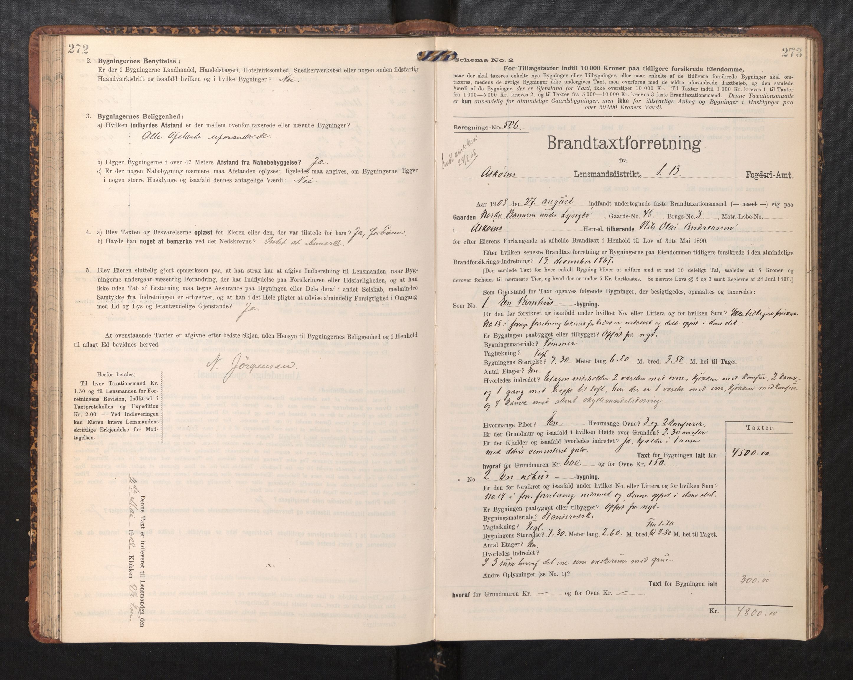 Lensmannen i Askøy, AV/SAB-A-31001/0012/L0006: Branntakstprotokoll, skjematakst, Laksevåg, 1907-1917, s. 272-273