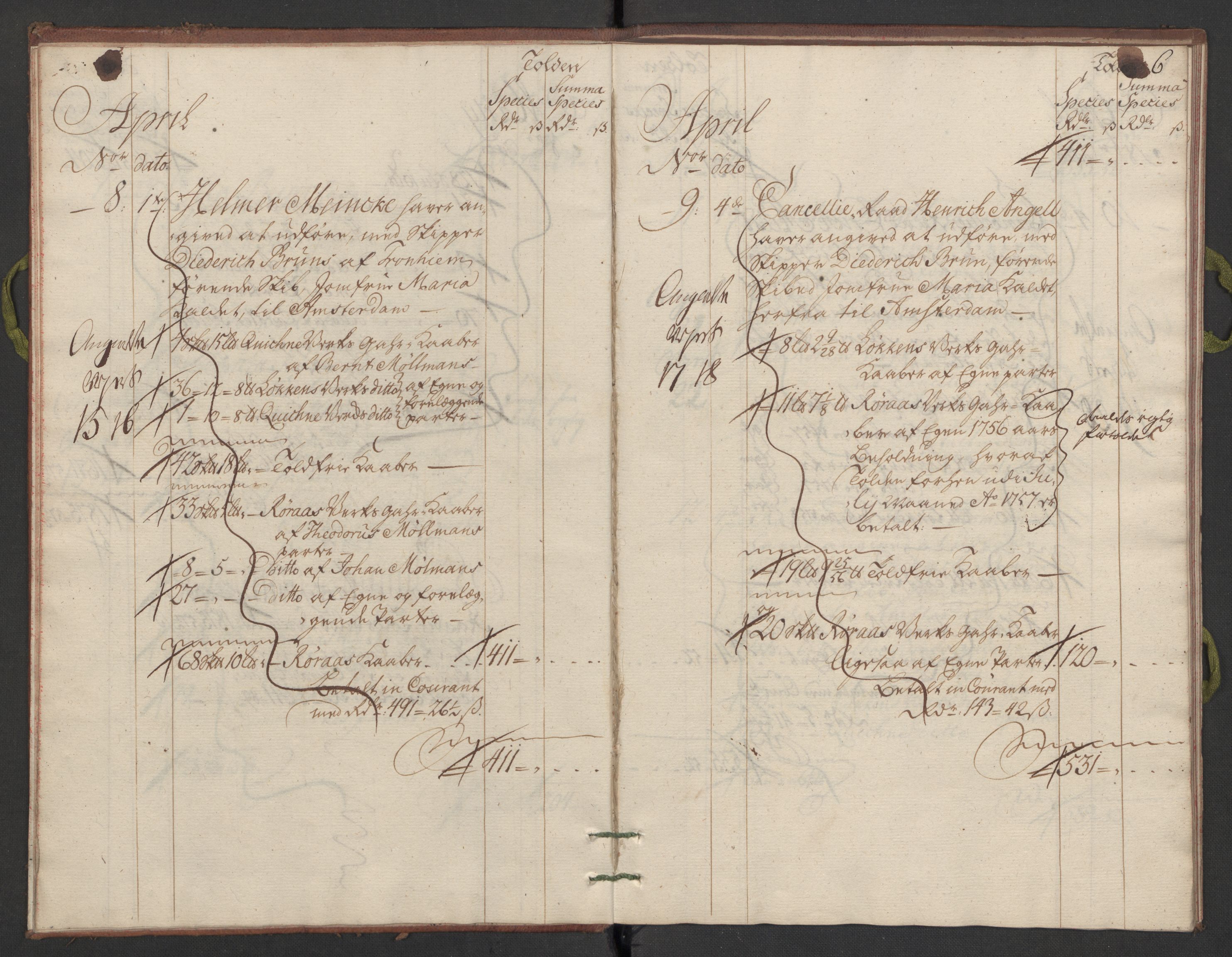 Generaltollkammeret, tollregnskaper, AV/RA-EA-5490/R34/L0008/0001: Koppertollregnskaper Trondheim B / Tollbok for koppertollen, 1758