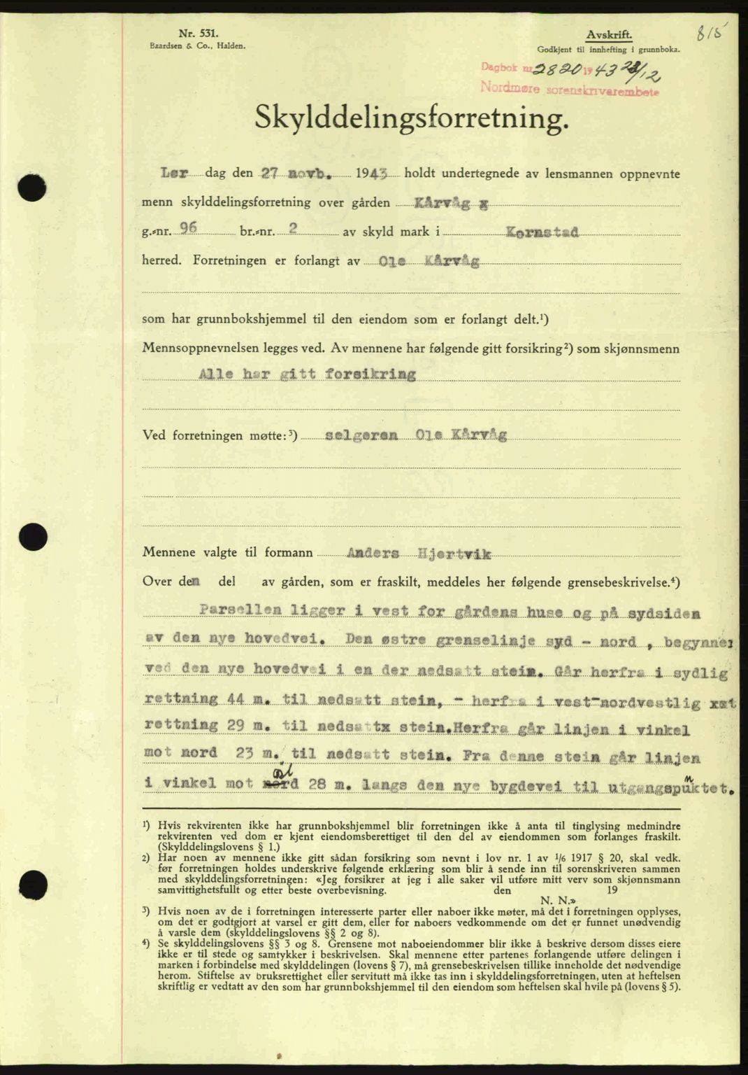 Nordmøre sorenskriveri, SAT/A-4132/1/2/2Ca: Pantebok nr. A96, 1943-1944, Dagboknr: 2820/1943