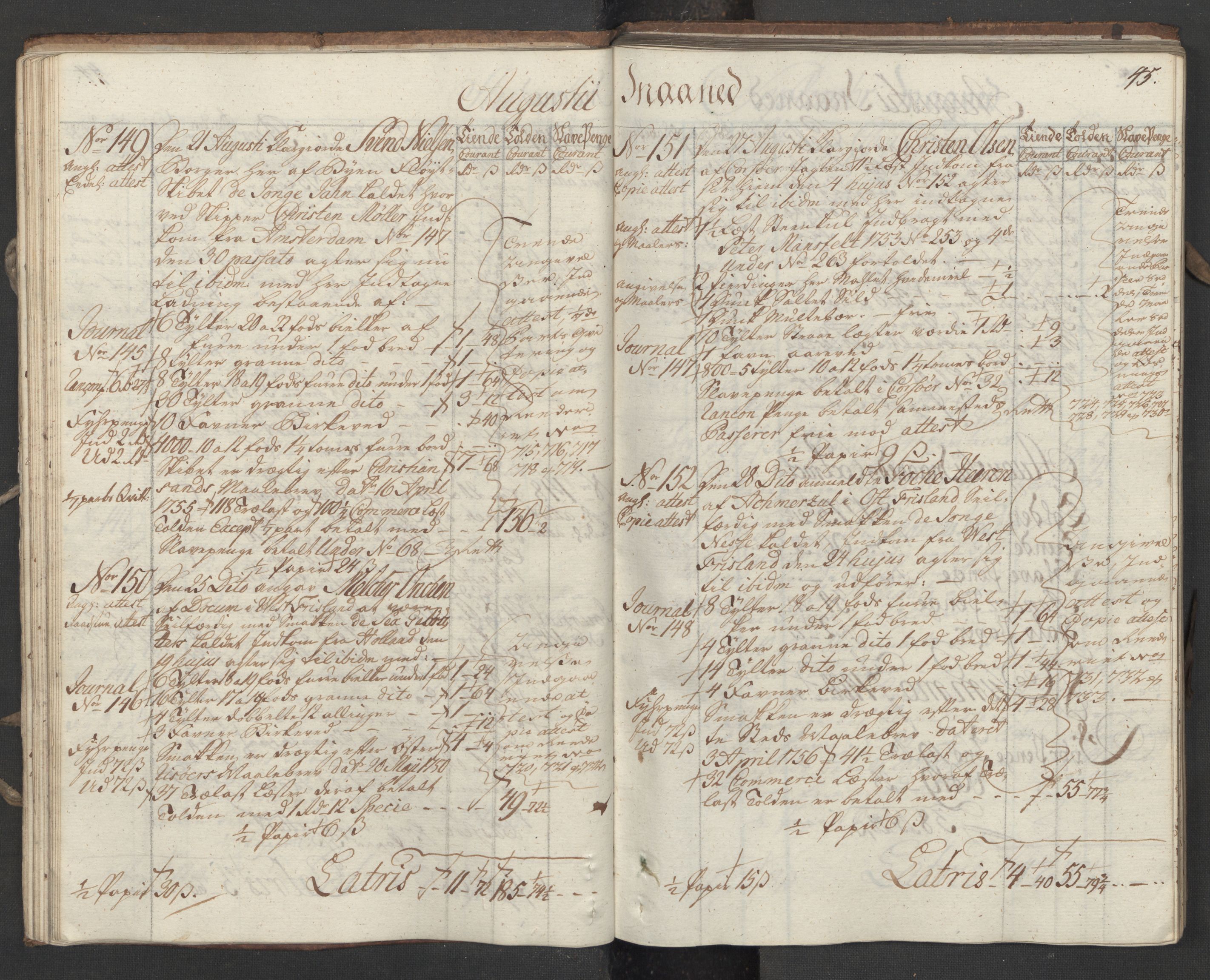 Generaltollkammeret, tollregnskaper, AV/RA-EA-5490/R16/L0034/0001: Tollregnskaper Kristiansand / Utgående hovedtollbok, 1756, s. 44b-45a