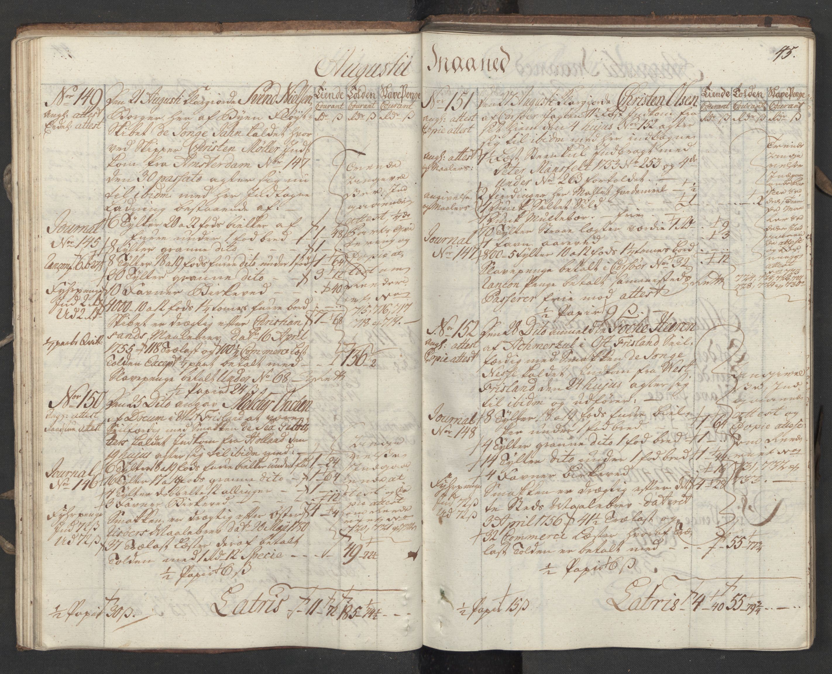 Generaltollkammeret, tollregnskaper, RA/EA-5490/R16/L0034/0001: Tollregnskaper Kristiansand / Utgående hovedtollbok, 1756, s. 44b-45a