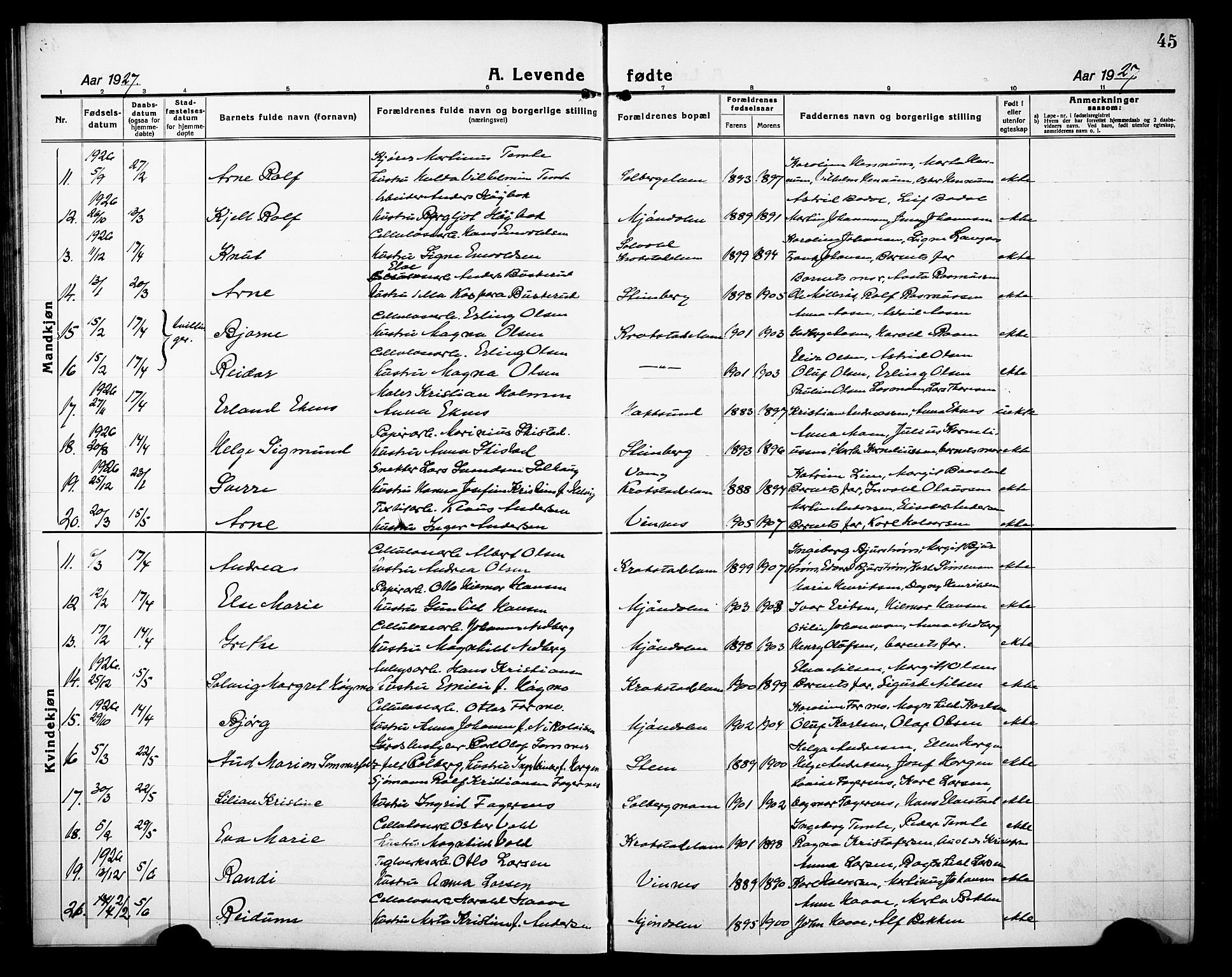 Nedre Eiker kirkebøker, AV/SAKO-A-612/G/Ga/L0006: Klokkerbok nr. 6, 1922-1933, s. 45