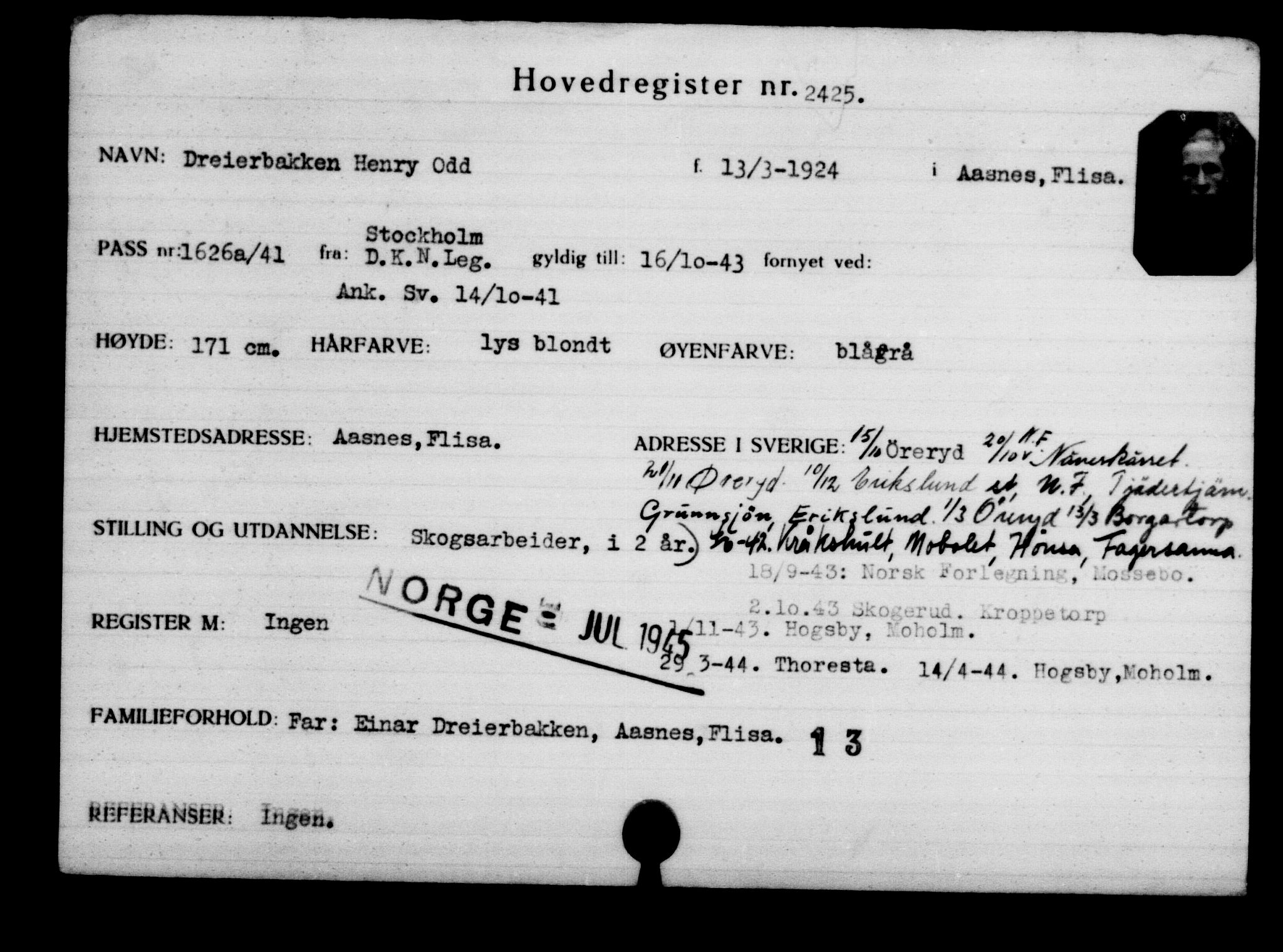 Utenriksstasjonene, Legasjonen i Stockholm, Flyktningkontoret, AV/RA-S-6753/V/Va/L0003: Kjesäterkartoteket, flyktninger med registreringsnr. 2001-3495, 1940-1945, s. 752