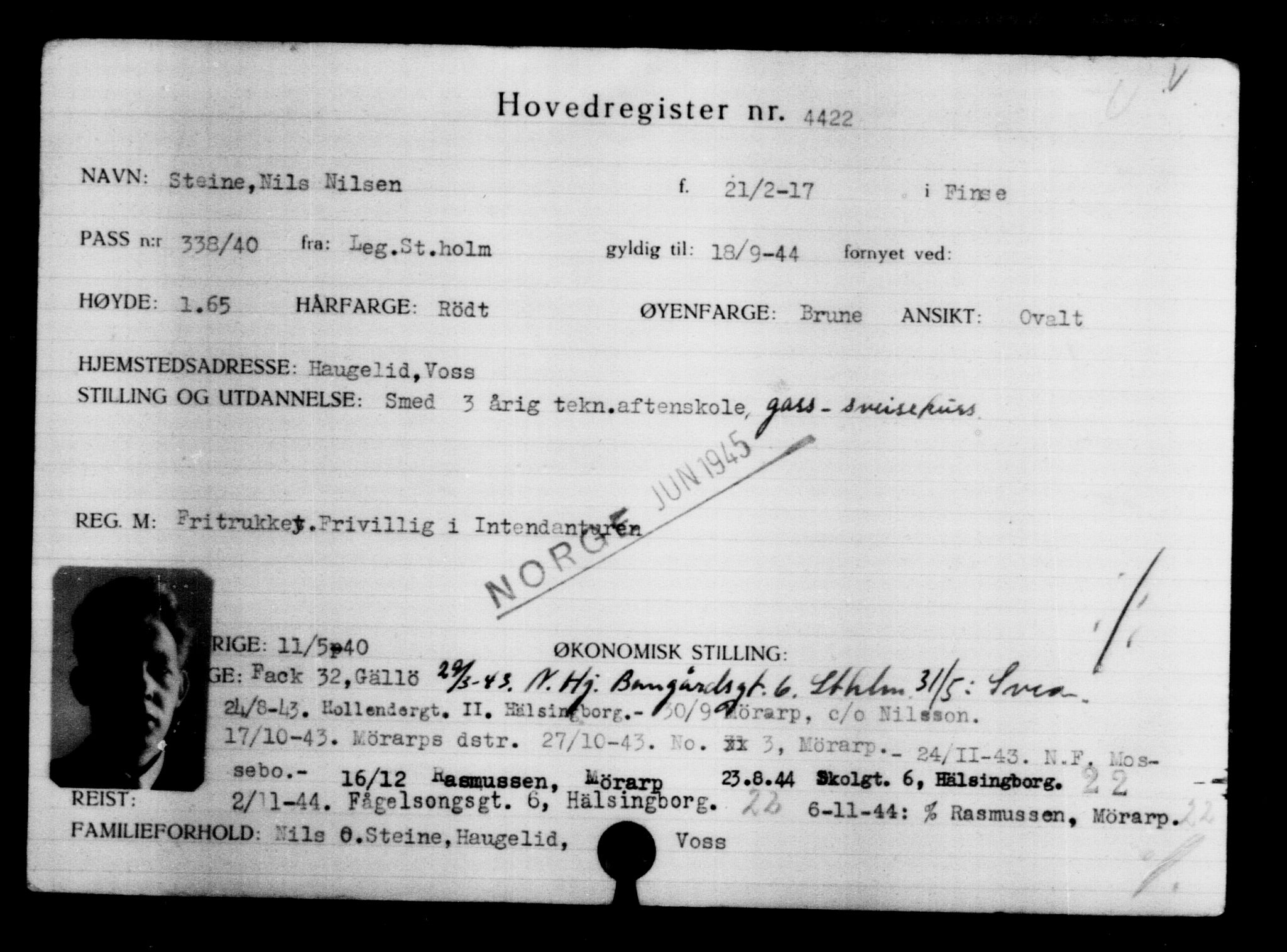 Utenriksstasjonene, Legasjonen i Stockholm, Flyktningkontoret, AV/RA-S-6753/V/Va/L0004: Kjesäterkartoteket, flyktninger med registreringsnr. 3496-6610, 1940-1945, s. 1123