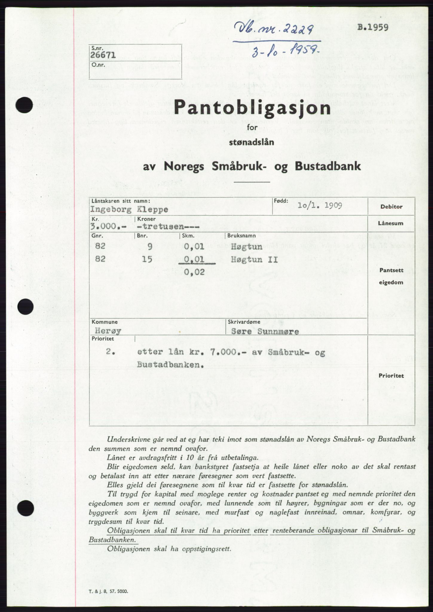 Søre Sunnmøre sorenskriveri, SAT/A-4122/1/2/2C/L0133: Pantebok nr. 21B, 1959-1959, Dagboknr: 2229/1959